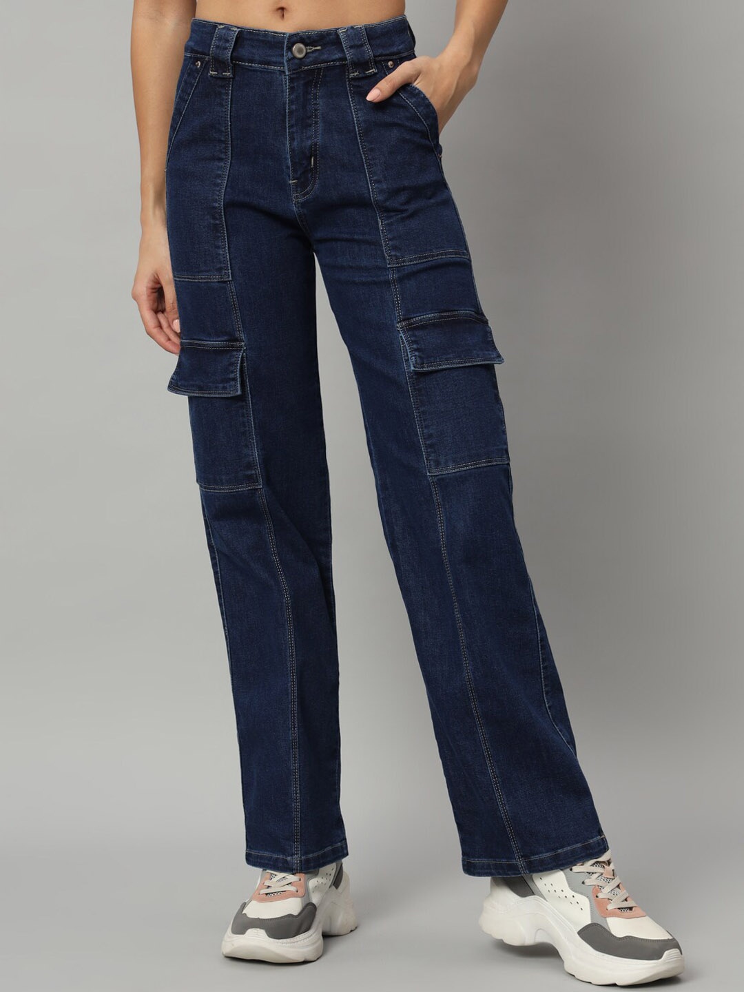 Chemistry Women Straight Fit High-Rise Dark Shade Clean Look Cotton Denim Cargo Jeans, Navy blue
Chemistry Women Straight Fit High-Rise Dark Shade Clean Look Cotton Denim Cargo Jeans, Navy blue