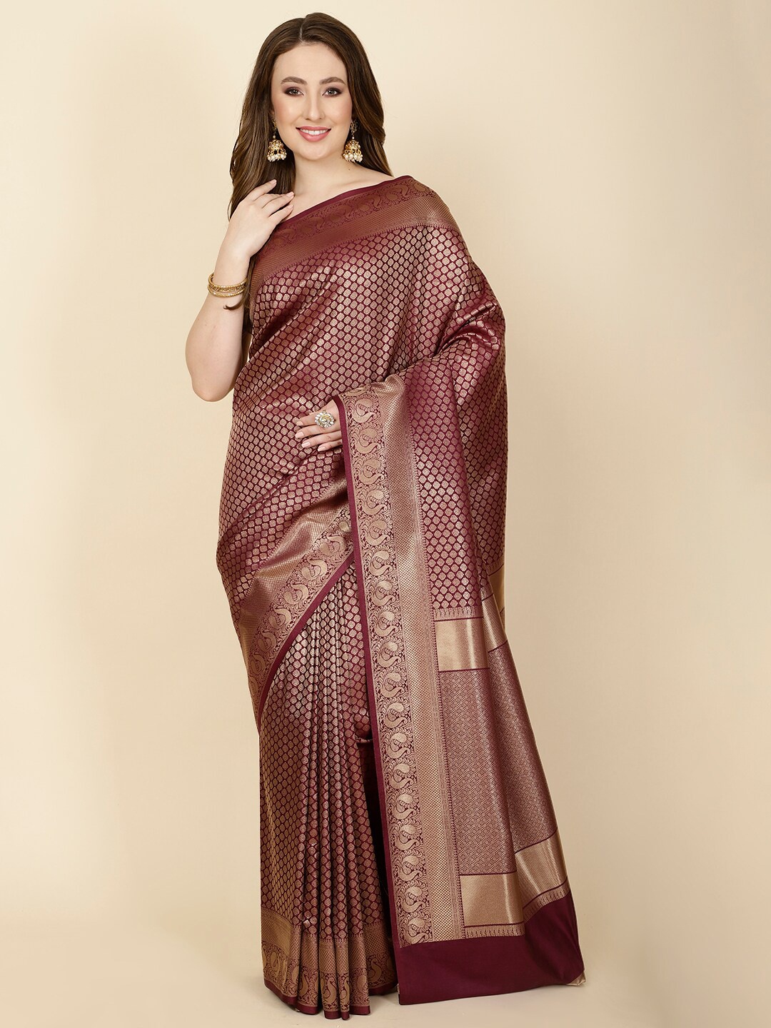 Meena Bazaar Ethnic Motifs Zari Art Silk Saree, Purple