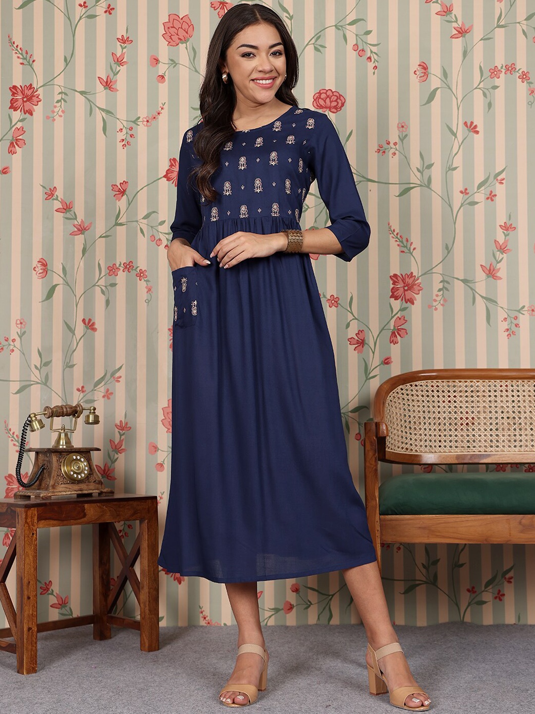 Ode by House of Pataudi Ethnic Motifs Embroidered Fit and Flare Midi Ethnic Dresses, Navy blue
Ode by House of Pataudi Ethnic Motifs Embroidered Fit and Flare Midi Ethnic Dresses, Navy blue