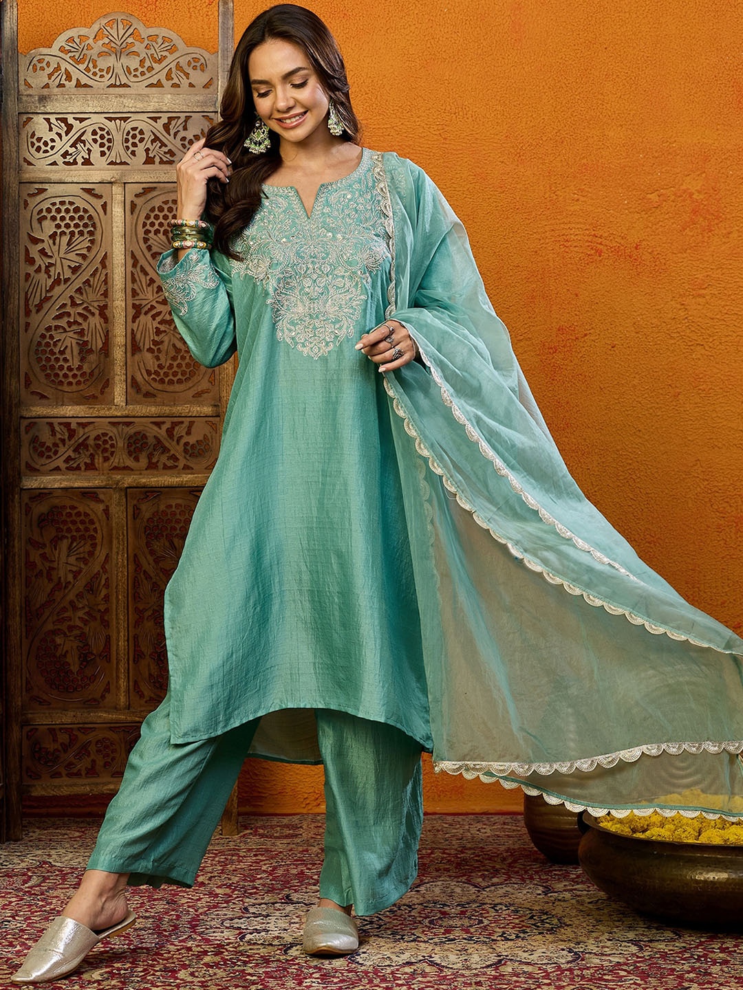 AHIKA Women Ethnic Motifs Embroidered Regular Kurta & Trousers With Dupatta, Sea green
AHIKA Women Ethnic Motifs Embroidered Regular Kurta & Trousers With Dupatta, Sea green
