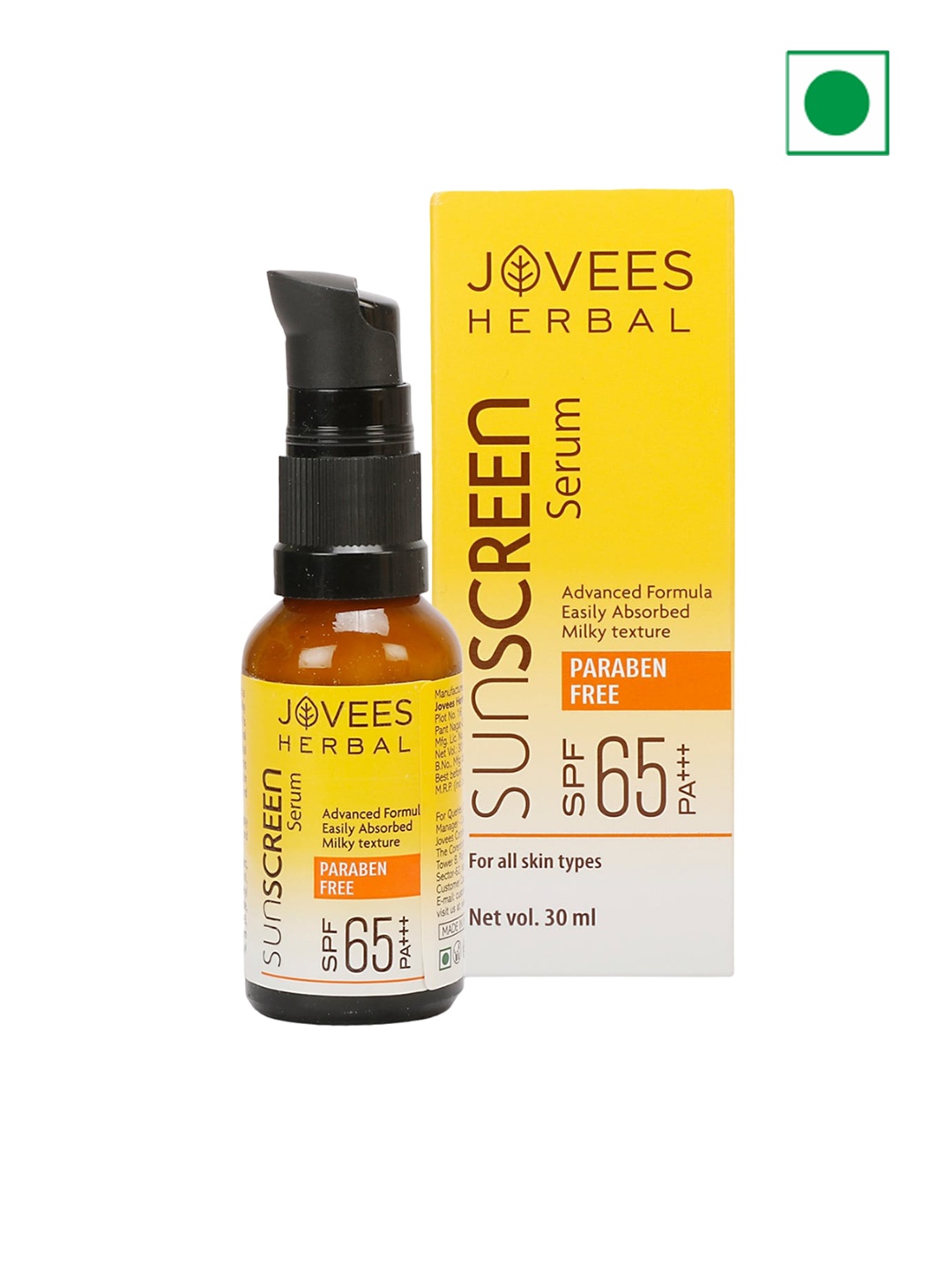 Jovees Herbal Sunscreen Face Serum SPF 65 PA+++ With Olive Oil - 30ml, Transparent