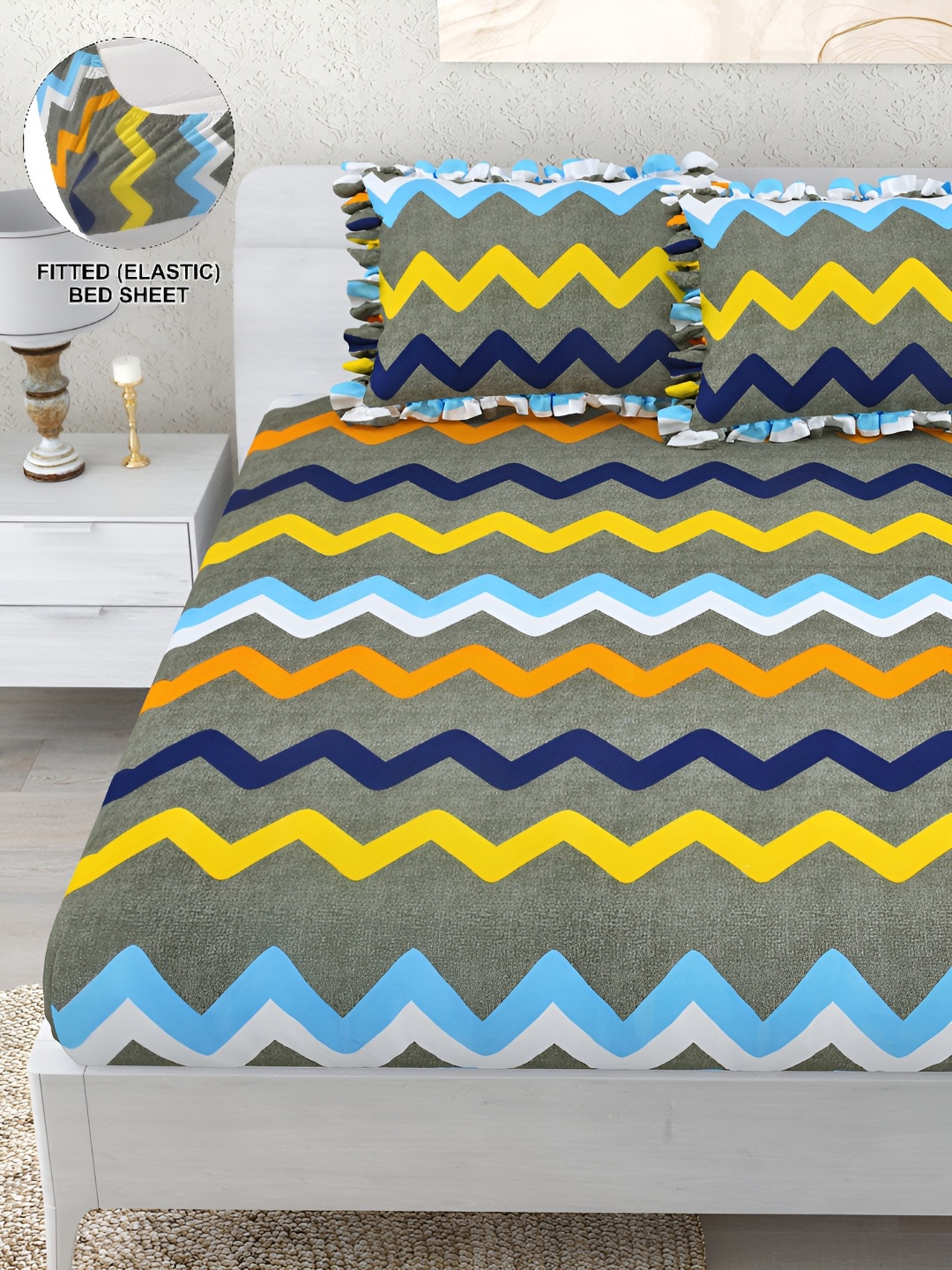 DREAM WEAVERZ Multicolor Geometric 260 TC Fitted Bedsheet with 2 Frill Pillow Covers, Green
DREAM WEAVERZ Multicolor Geometric 260 TC Fitted Bedsheet with 2 Frill Pillow Covers, Green