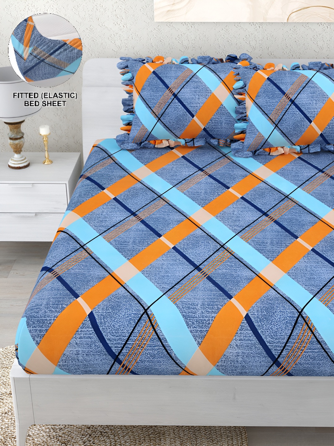 DREAM WEAVERZ Blue & Orange 260 TC Double King Fitted Bedsheet with 2 Frill Pillow Covers
DREAM WEAVERZ Blue & Orange 260 TC Double King Fitted Bedsheet with 2 Frill Pillow Covers