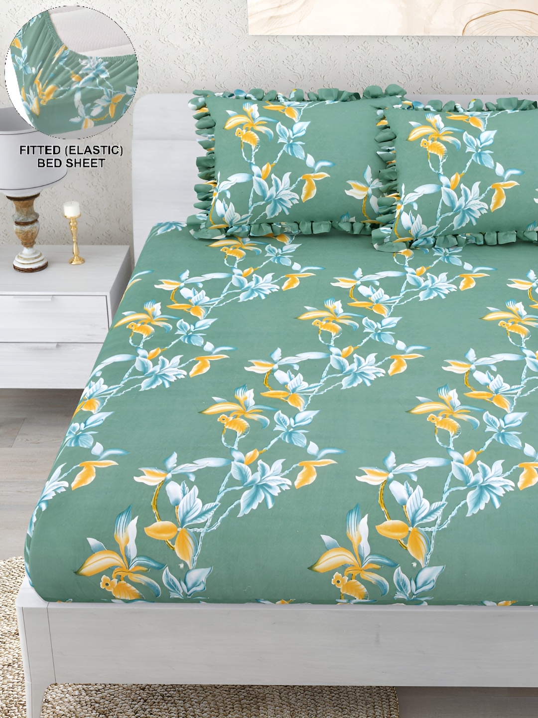 DREAM WEAVERZ Green & Yellow Floral 260 TC Fitted Bedsheet with 2 Frill Pillow Covers
DREAM WEAVERZ Green & Yellow Floral 260 TC Fitted Bedsheet with 2 Frill Pillow Covers