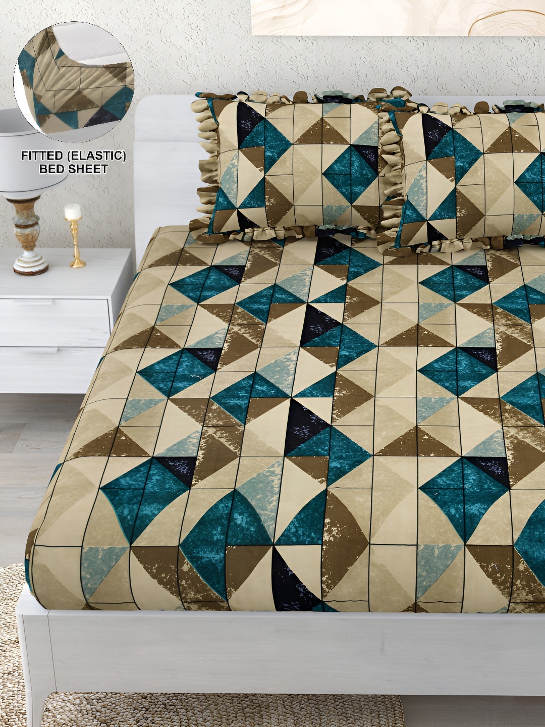 DREAM WEAVERZ Beige & Blue Geometric 260 TC Fitted Bedsheet with 2 Frill Pillow Covers
DREAM WEAVERZ Beige & Blue Geometric 260 TC Fitted Bedsheet with 2 Frill Pillow Covers