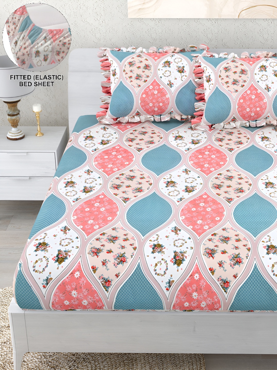 DREAM WEAVERZ White & Blue Ethnic Motifs 260 TC Fitted Bedsheet with 2 Frill Pillow Covers
DREAM WEAVERZ White & Blue Ethnic Motifs 260 TC Fitted Bedsheet with 2 Frill Pillow Covers