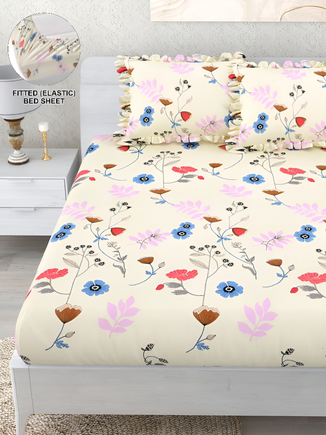 DREAM WEAVERZ Cream Floral 260TC Double King Fitted Bedsheet with 2 Frill Pillow Covers
DREAM WEAVERZ Cream Floral 260TC Double King Fitted Bedsheet with 2 Frill Pillow Covers