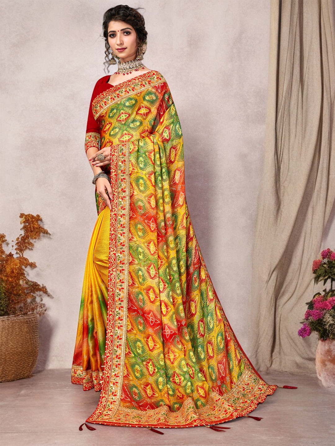 Ambuja International Foil Printed Embroidered Pure Georgette Bandhani Saree, Yellow
Ambuja International Foil Printed Embroidered Pure Georgette Bandhani Saree, Yellow