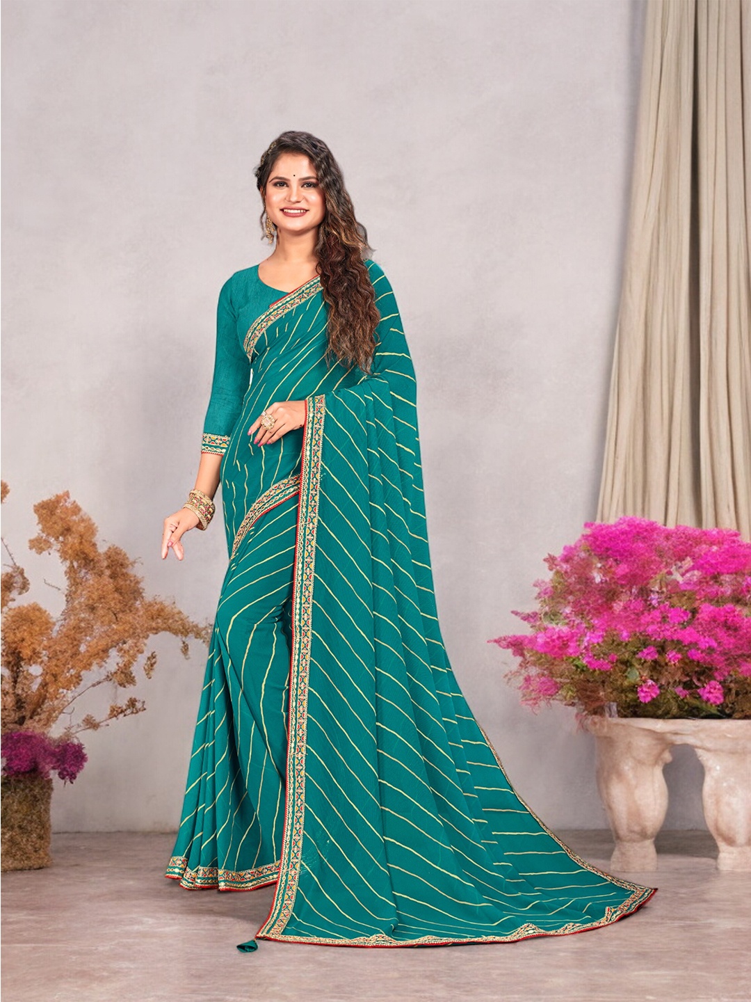 Ambuja International Printed Embroidered Pure Georgette Leheriya Saree, Turquoise blue
Ambuja International Printed Embroidered Pure Georgette Leheriya Saree, Turquoise blue