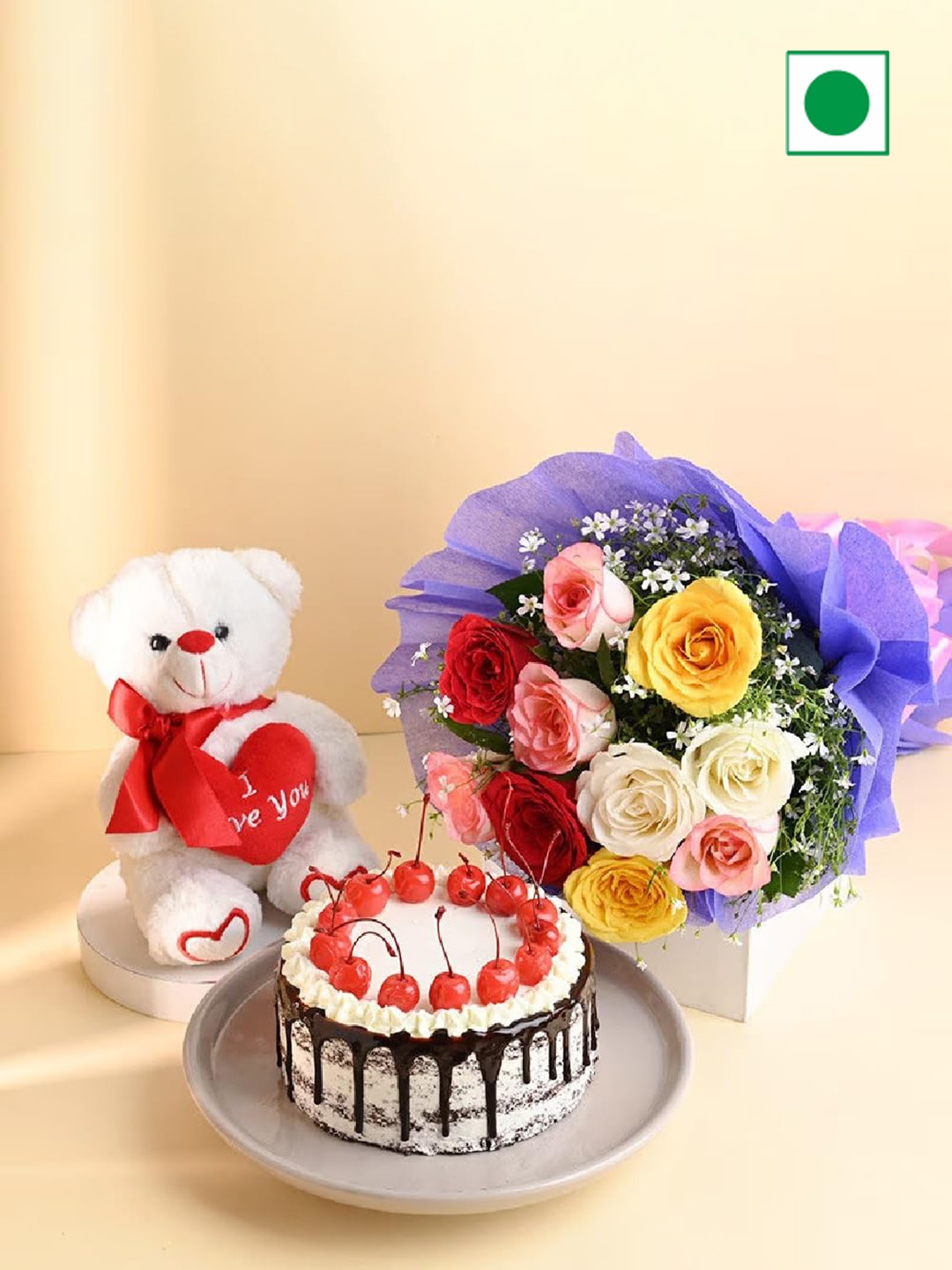 Floweraura Black Forest Flavour Eggless Cake 500g With 10 Rose Flowers Bouquet & Teddy, White
Floweraura Black Forest Flavour Eggless Cake 500g With 10 Rose Flowers Bouquet & Teddy, White