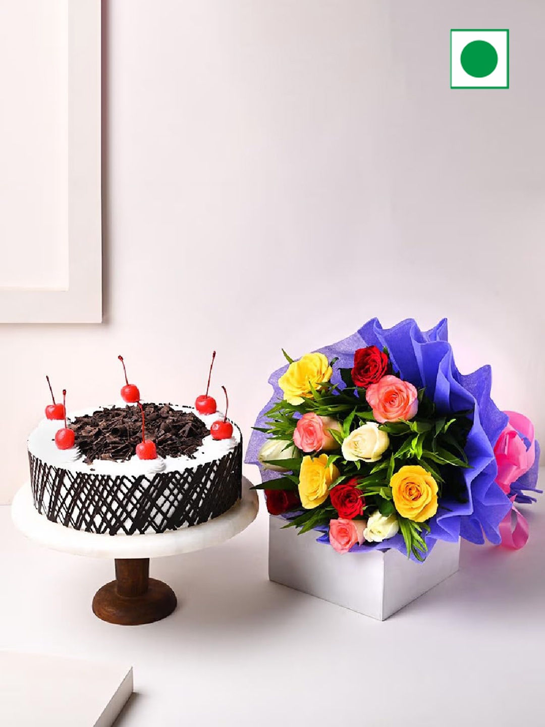 Floweraura Black Forest Flavour Eggless Round Cake 500gm with 12-Pcs Fresh Rose Bouquet, Brown
Floweraura Black Forest Flavour Eggless Round Cake 500gm with 12-Pcs Fresh Rose Bouquet, Brown