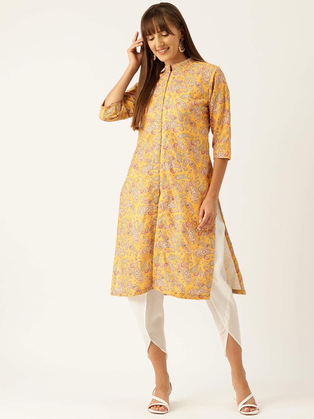 Simaaya Paisley Embroidered Regular Sequinned Pure Cotton Kurta with Dhoti Pants, Mustard
Simaaya Paisley Embroidered Regular Sequinned Pure Cotton Kurta with Dhoti Pants, Mustard