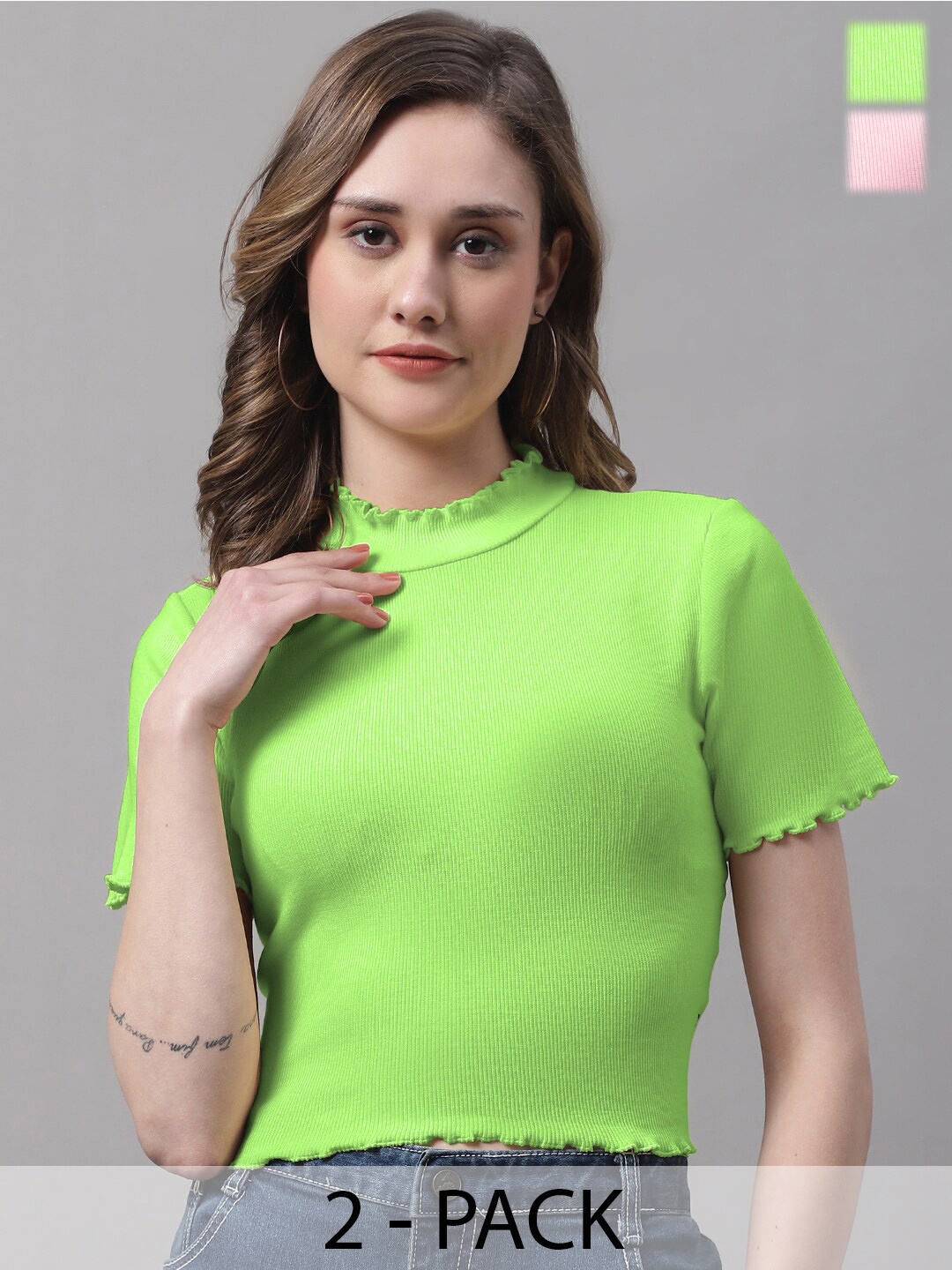 FBAR Pack Of 2 Ribbed High Neck Bio Wash Cotton Fitted Crop Tops, Fluorescent green
FBAR Pack Of 2 Ribbed High Neck Bio Wash Cotton Fitted Crop Tops, Fluorescent green