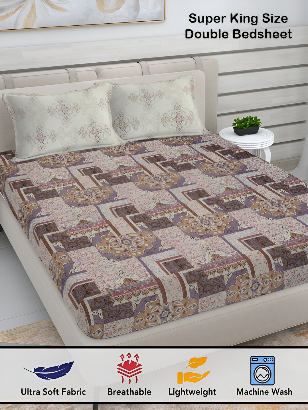 FABINALIV White & Purple Geometric Print 300 TC Super King Size Bedsheet & 2 Pillow Covers
FABINALIV White & Purple Geometric Print 300 TC Super King Size Bedsheet & 2 Pillow Covers