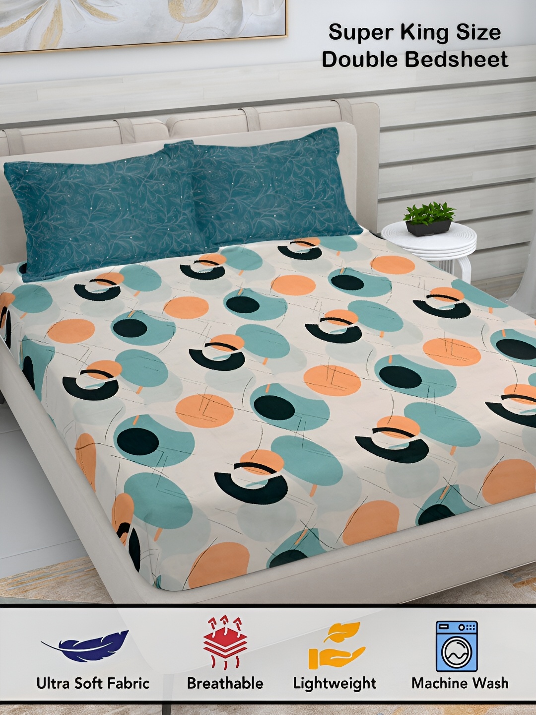 FABINALIV White & Green Geometric 300 TC Super King Size Bedsheet with 2 Pillow Covers
FABINALIV White & Green Geometric 300 TC Super King Size Bedsheet with 2 Pillow Covers