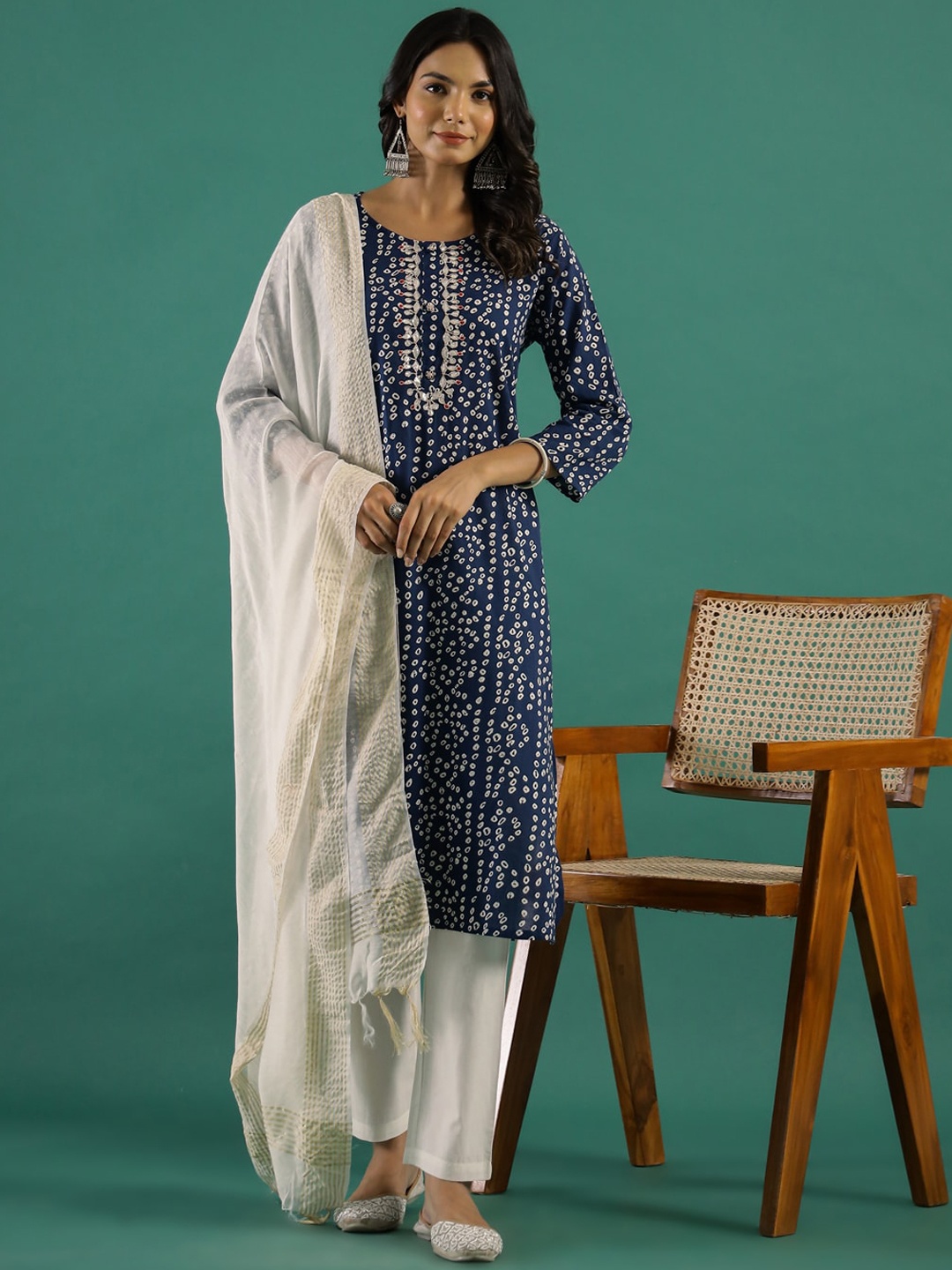 Sangria Bandhani Printed Embroidered Cotton Straight Kurta With Trousers & Dupatta Set, Blue
Sangria Bandhani Printed Embroidered Cotton Straight Kurta With Trousers & Dupatta Set, Blue