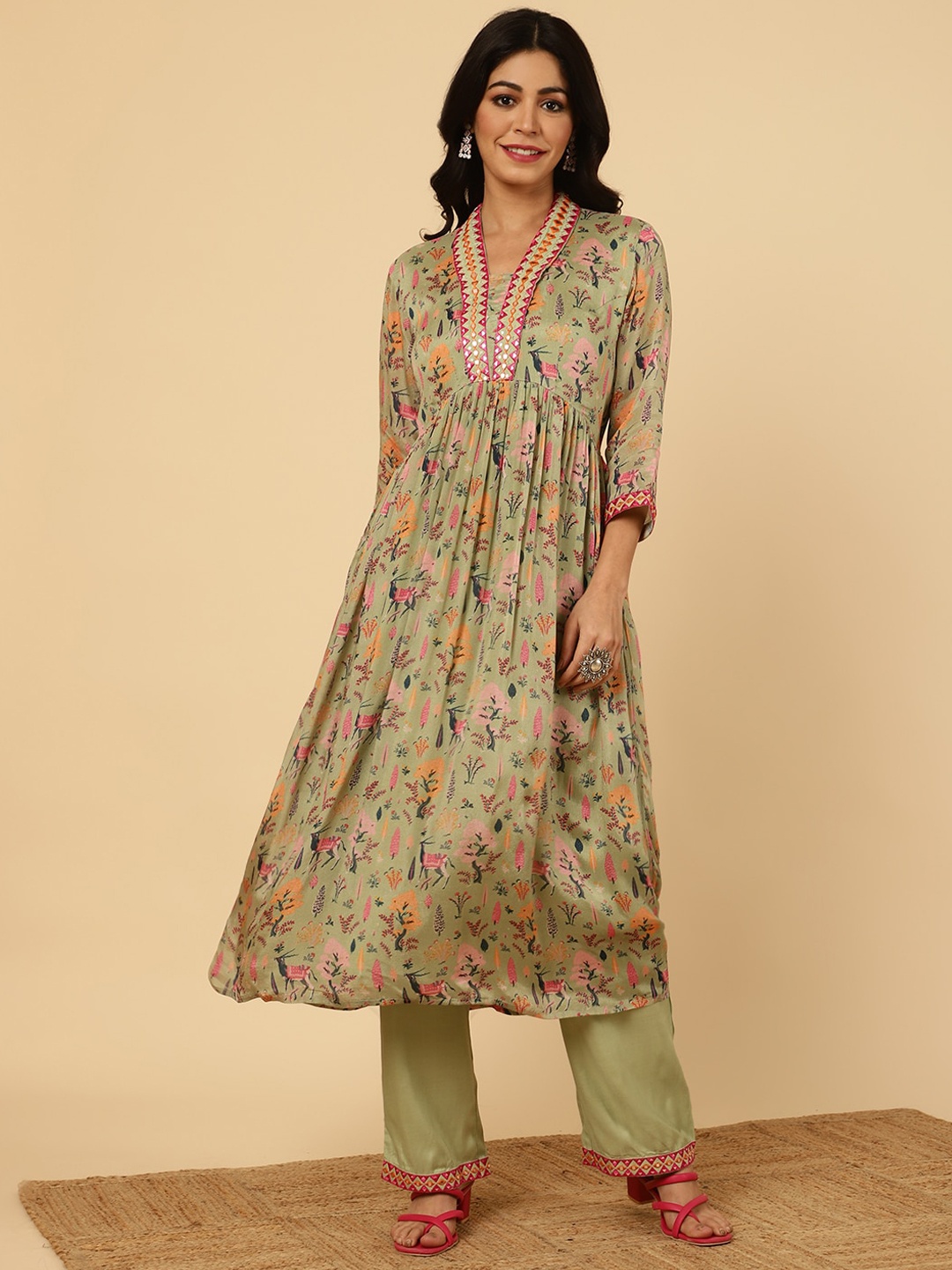 Jaipur Kurti Ethnic Motifs Printed V-Neck Mirror Work A-Line Kurta with Palazzos, Green
Jaipur Kurti Ethnic Motifs Printed V-Neck Mirror Work A-Line Kurta with Palazzos, Green