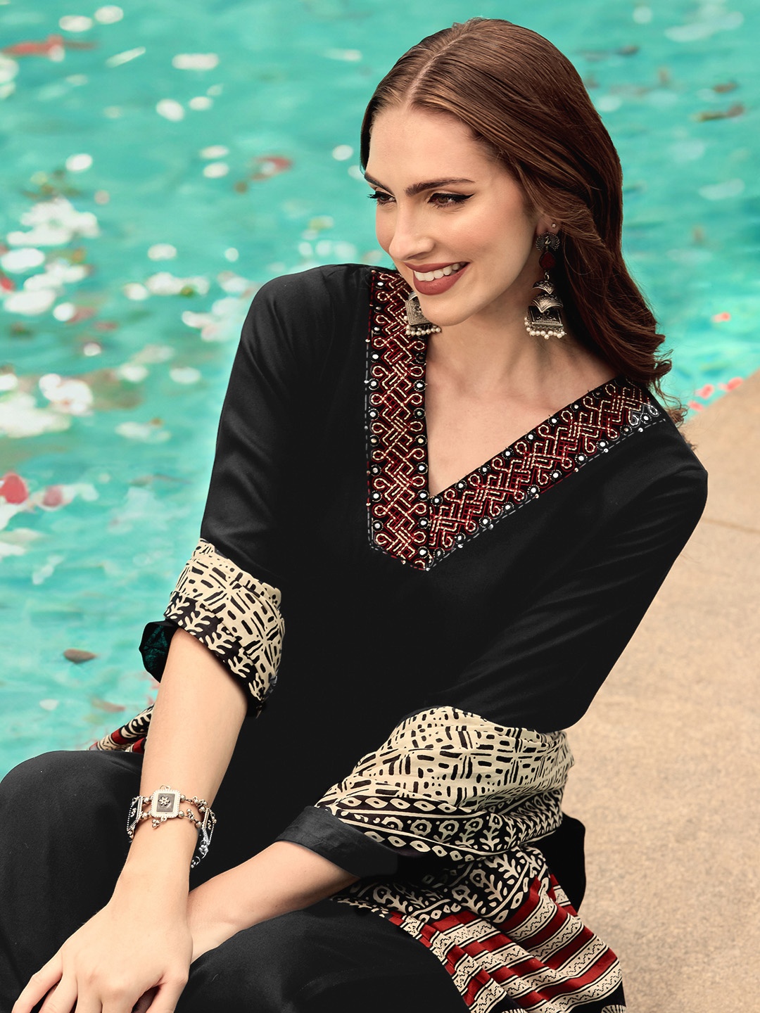 Ishin V-Neck Yoke Design Regular Mirror Work A-Line Kurta with Palazzos & Dupatta, Black
Ishin V-Neck Yoke Design Regular Mirror Work A-Line Kurta with Palazzos & Dupatta, Black