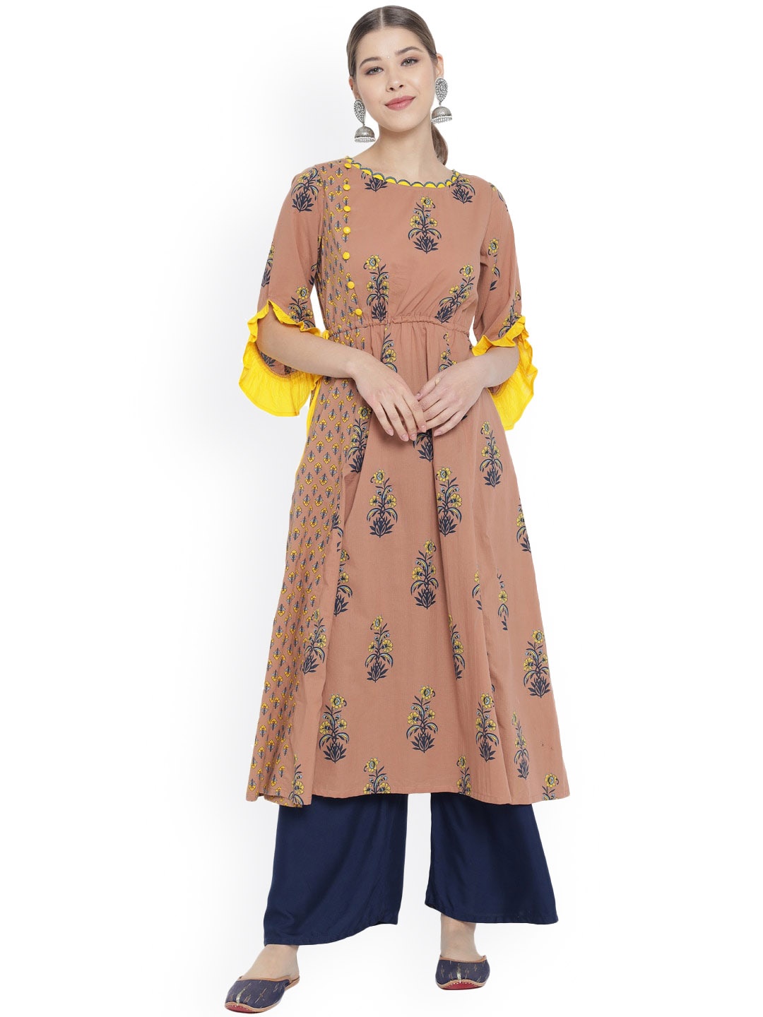 KALINI Floral Printed Boat Neck Flared Sleeves Thread Work Cotton A-Line Kurta, Brown
KALINI Floral Printed Boat Neck Flared Sleeves Thread Work Cotton A-Line Kurta, Brown