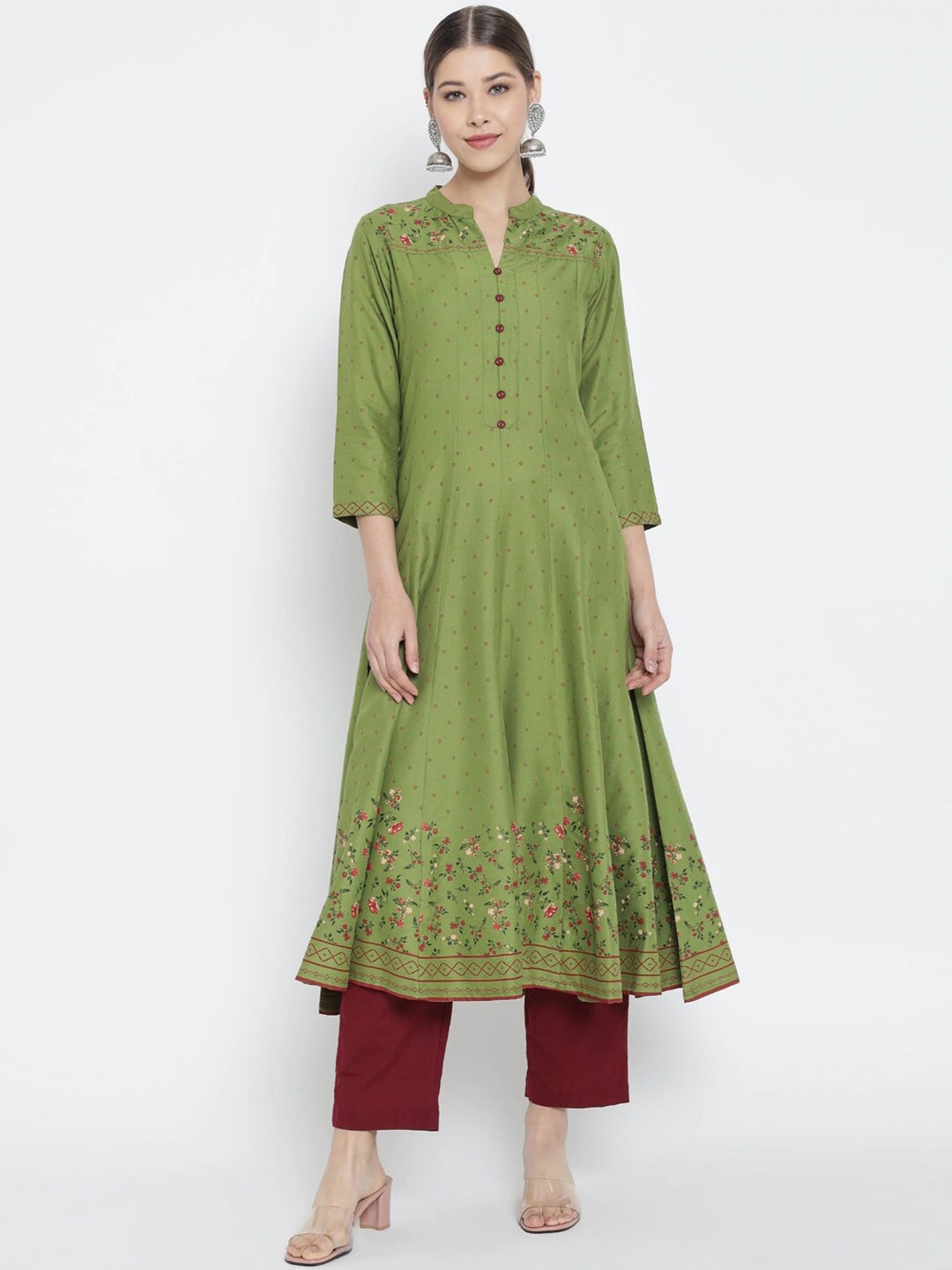 KALINI Floral Printed Mandarin Collar Three-Quarter Sleeves Thread Work Anarkali Kurta, Green
KALINI Floral Printed Mandarin Collar Three-Quarter Sleeves Thread Work Anarkali Kurta, Green