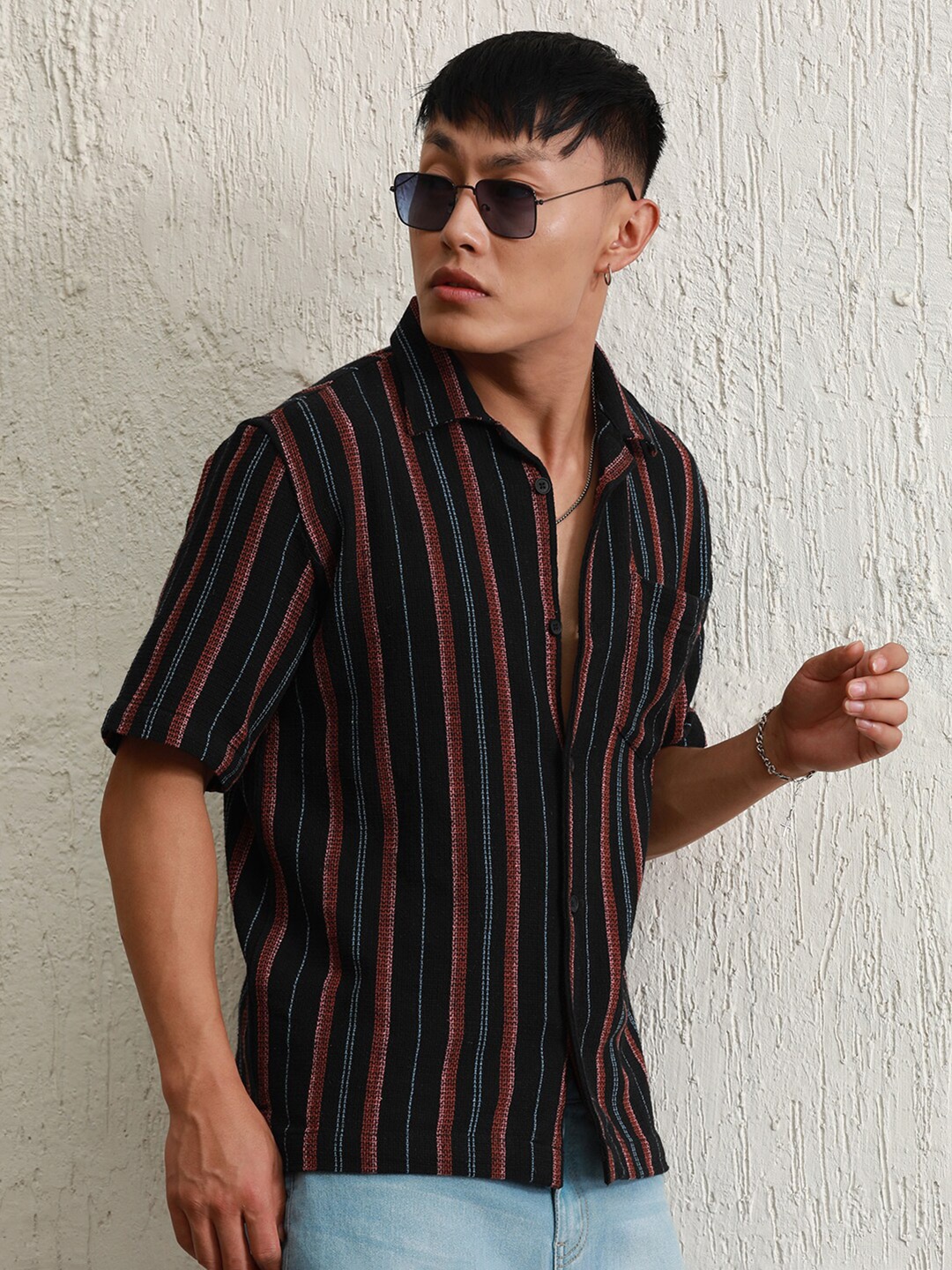 Hubberholme Relaxed fit Vertical Striped Resort Collar Crochet Cotton Casual Shirt, Black
Hubberholme Relaxed fit Vertical Striped Resort Collar Crochet Cotton Casual Shirt, Black
