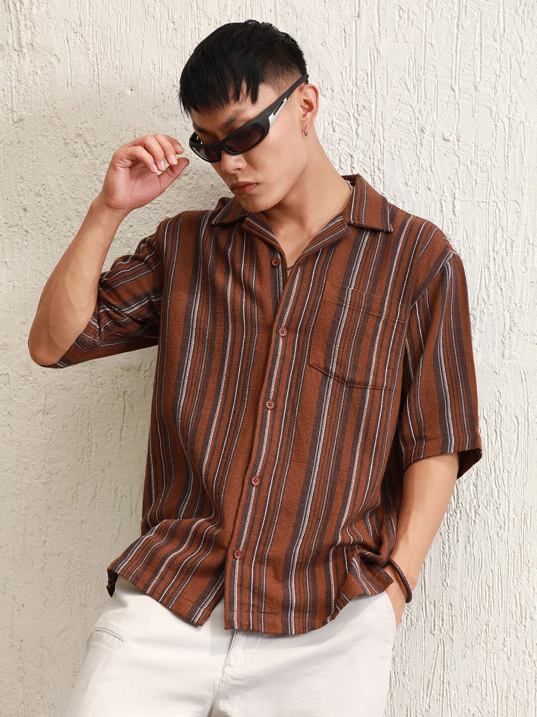 Hubberholme Relaxed fit Vertical Striped Resort Collar Crochet Cotton Casual Shirt, Brown
Hubberholme Relaxed fit Vertical Striped Resort Collar Crochet Cotton Casual Shirt, Brown