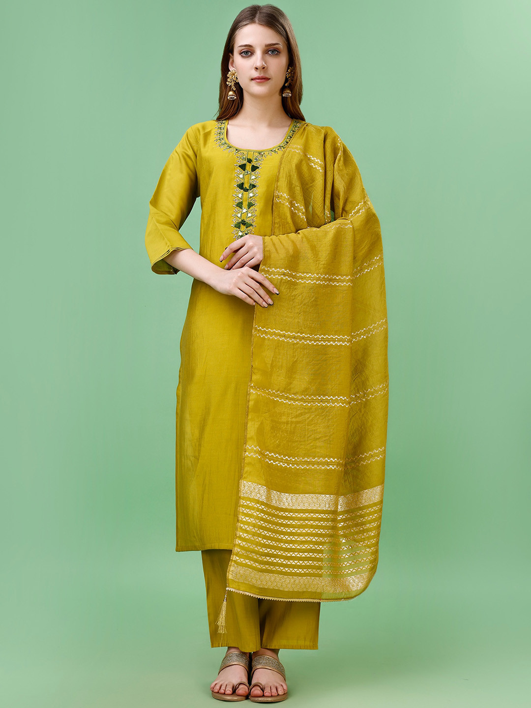 BERISTON Ethnic Motifs Embroidered Mirror Work Chanderi Cotton Kurta & Palazzos & Dupatta, Green
BERISTON Ethnic Motifs Embroidered Mirror Work Chanderi Cotton Kurta & Palazzos & Dupatta, Green