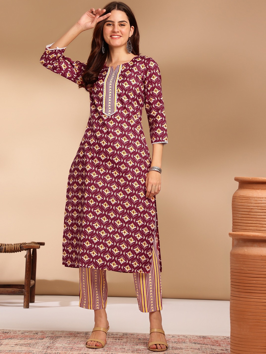 KALINI Floral Printed Round Neck Three-Quarter Sleeves Kurta with Trousers, Maroon
KALINI Floral Printed Round Neck Three-Quarter Sleeves Kurta with Trousers, Maroon