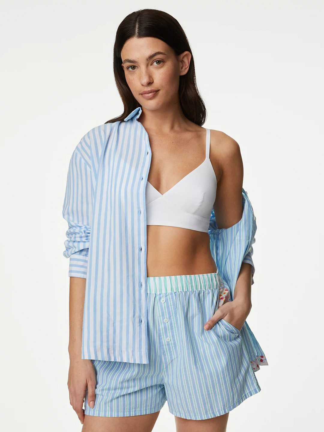 Marks & Spencer Women High-Rise Striped Cotton Lounge Shorts, Blue 
Marks & Spencer Women High-Rise Striped Cotton Lounge Shorts, Blue