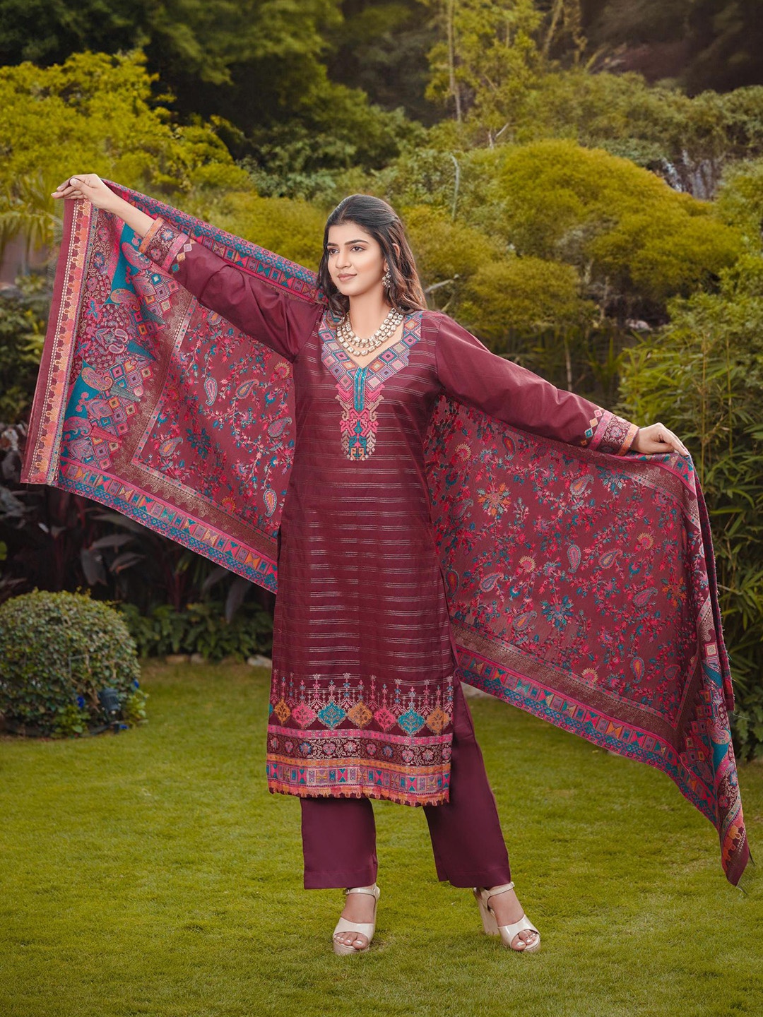 KIDAR Striped Cotton Silk Jacquard Straight Kurta With Trousers & Dupatta, Maroon
KIDAR Striped Cotton Silk Jacquard Straight Kurta With Trousers & Dupatta, Maroon