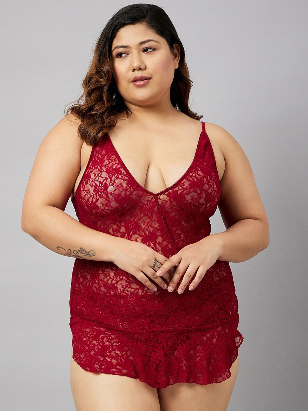 Curves By ZeroKaata Plus Size Self Design Babydoll, Maroon