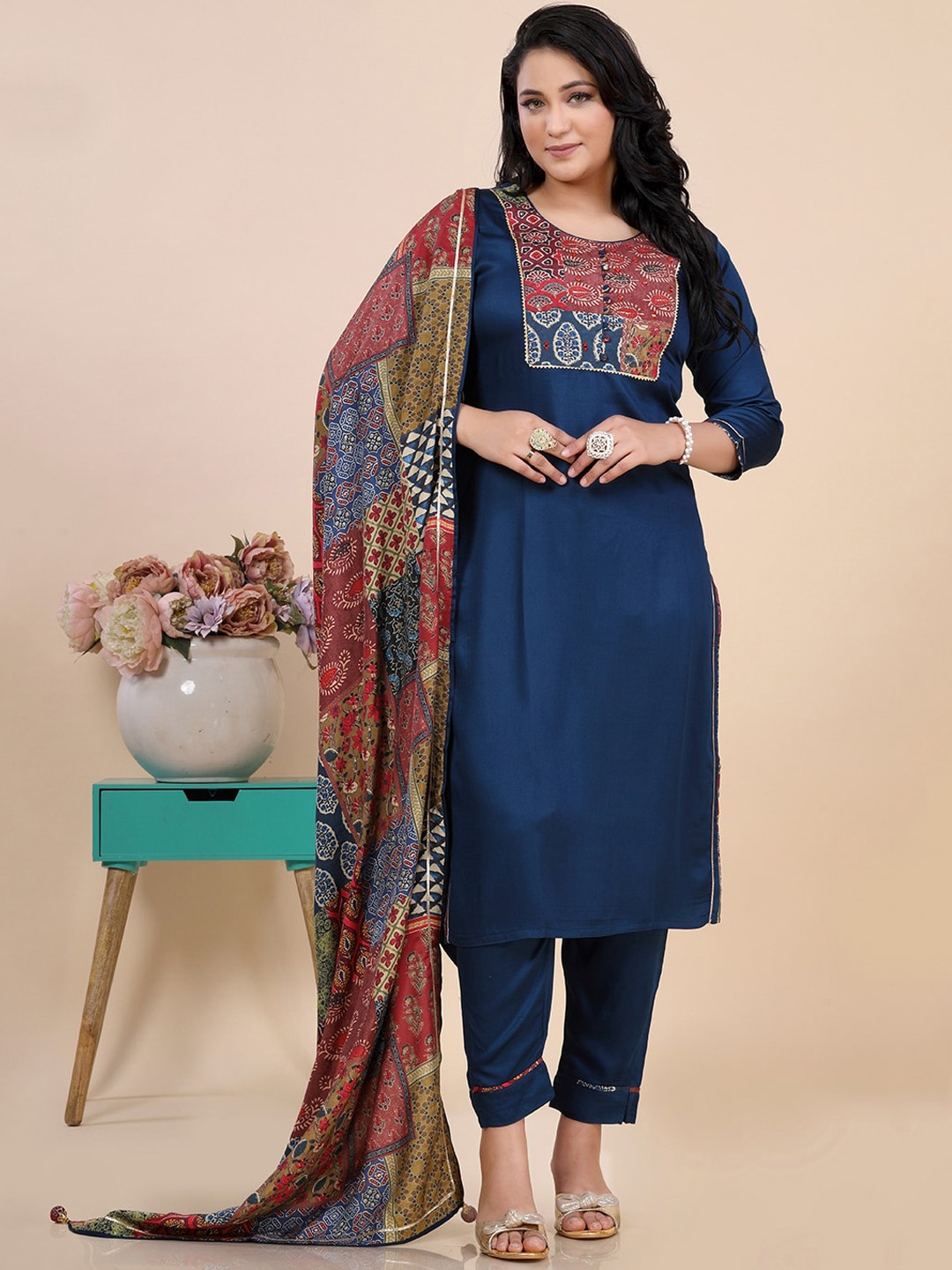 Amchoor Ethnic Motifs Yoke Design Ajhrakh Block Print Satin Kurta With Trouser & Dupatta, Blue
Amchoor Ethnic Motifs Yoke Design Ajhrakh Block Print Satin Kurta With Trouser & Dupatta, Blue