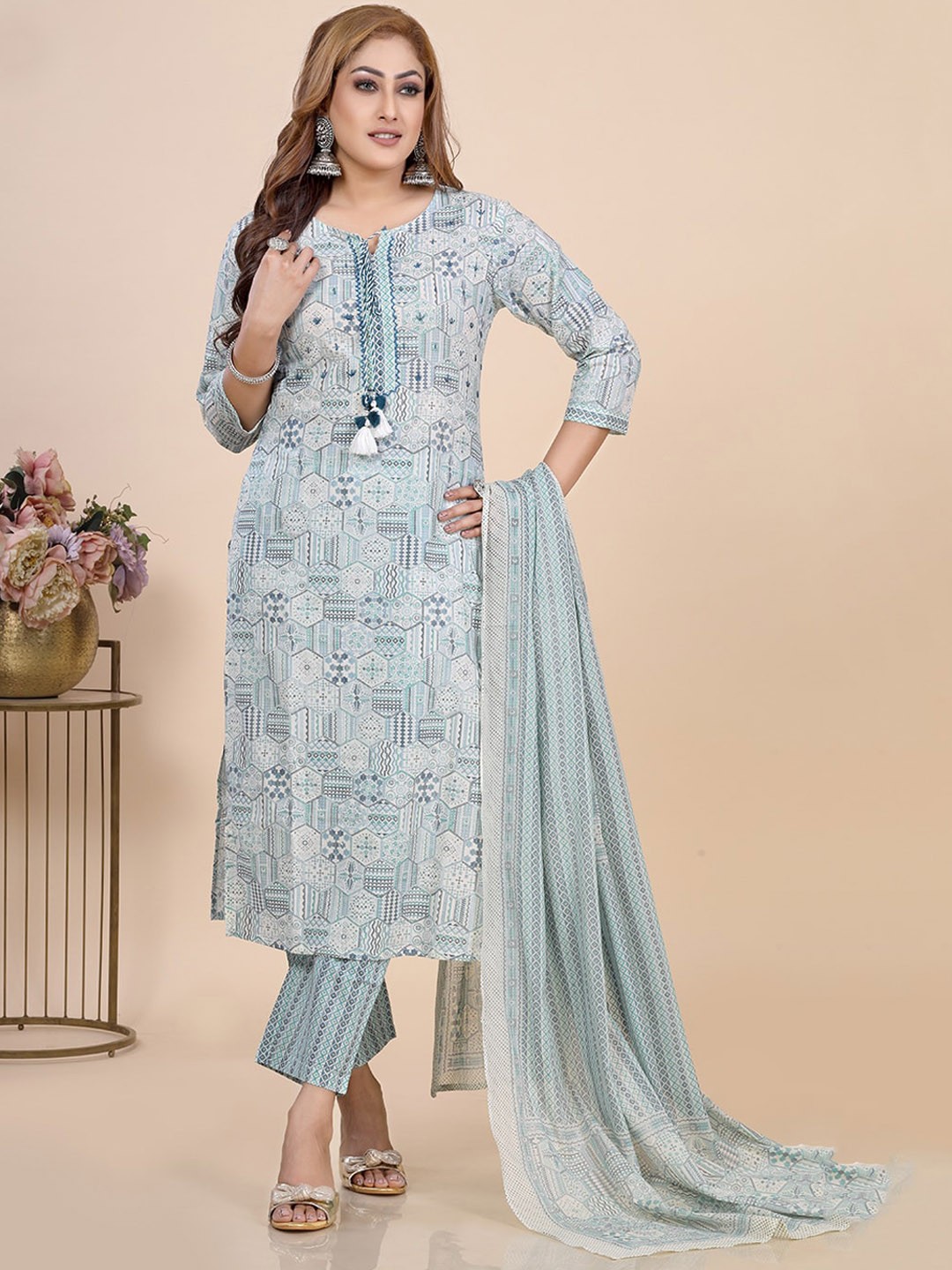 Amchoor Printed Pure Cotton Straight Kurta with Trousers & With Dupatta, Turquoise blue
Amchoor Printed Pure Cotton Straight Kurta with Trousers & With Dupatta, Turquoise blue