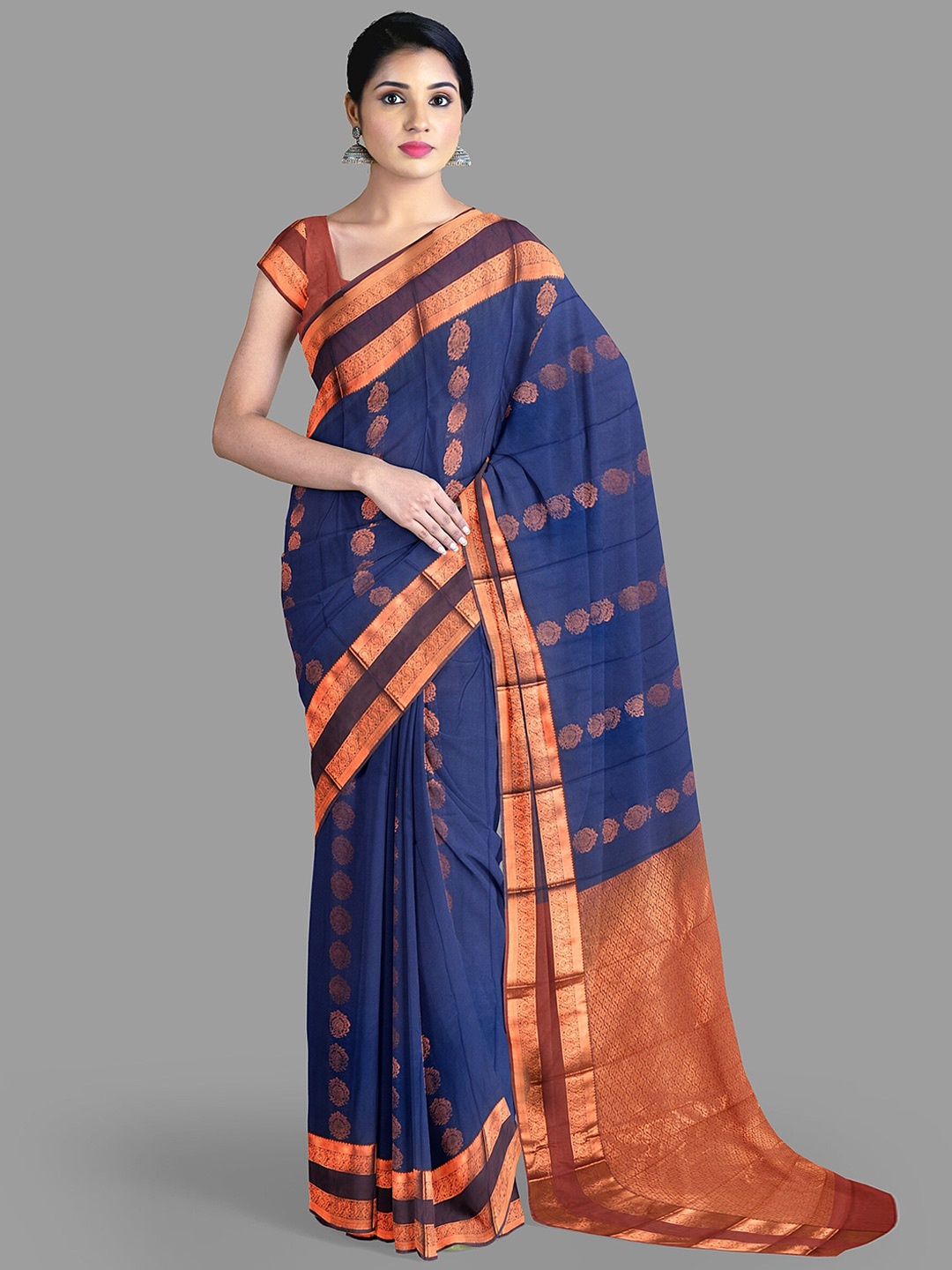 The Chennai Silks Ethnic Motifs Woven Design Silk Cotton Maheshwari Saree, Navy blue
The Chennai Silks Ethnic Motifs Woven Design Silk Cotton Maheshwari Saree, Navy blue