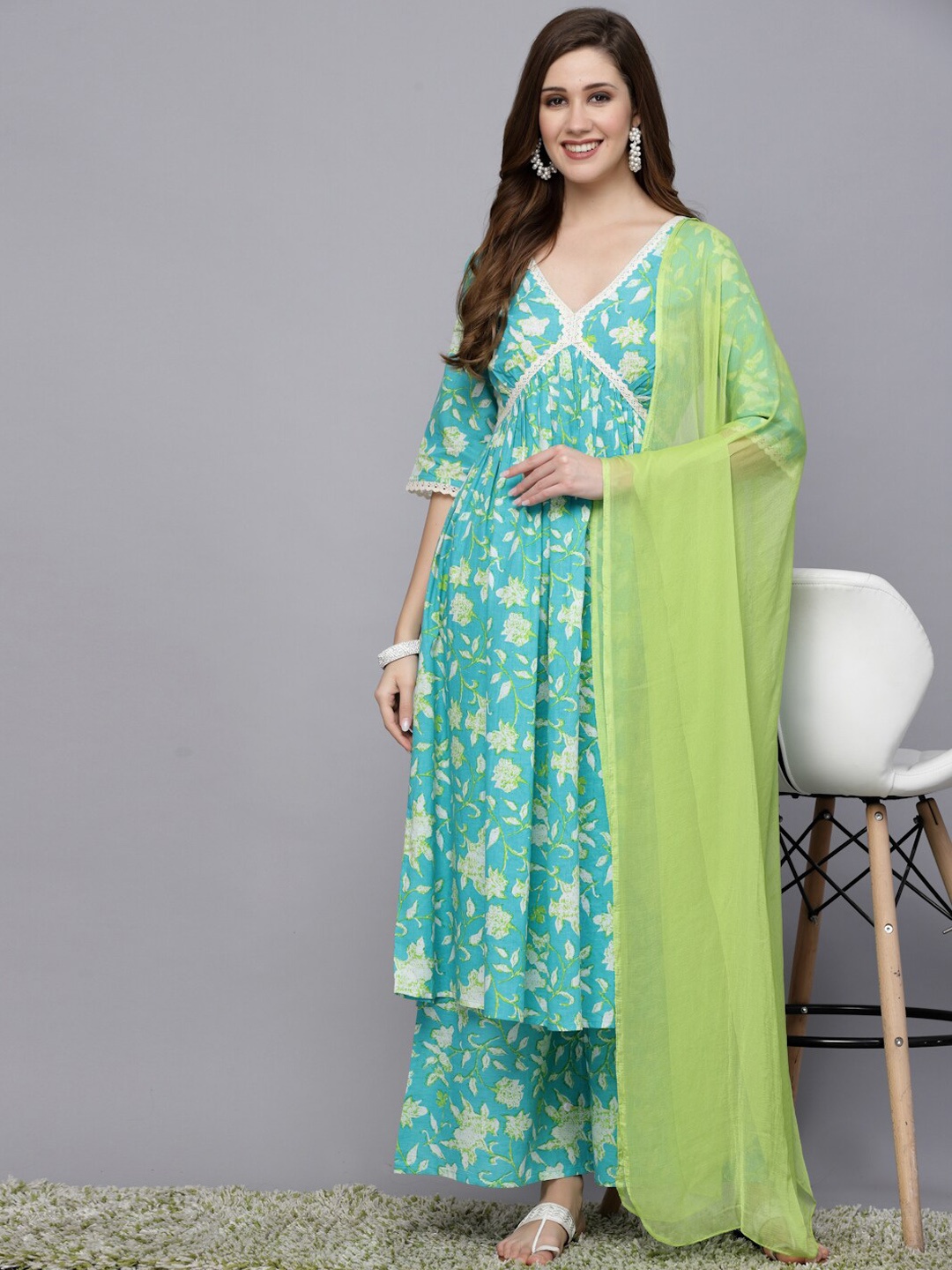 Stylum Floral Printed Empire Pure Cotton Kurta with Palazzos & With Dupatta, Turquoise blue
Stylum Floral Printed Empire Pure Cotton Kurta with Palazzos & With Dupatta, Turquoise blue