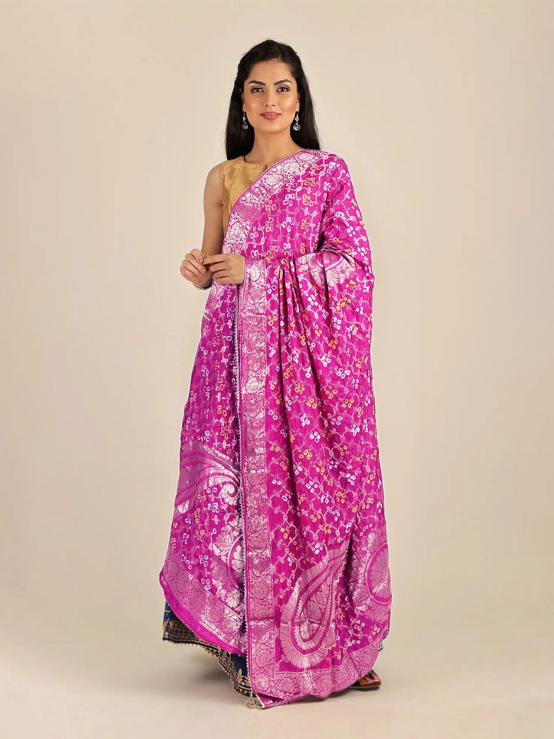 Exotic India Woven Design Bandhani Silk Dupatta with Gotta Patti, Magenta
Exotic India Woven Design Bandhani Silk Dupatta with Gotta Patti, Magenta