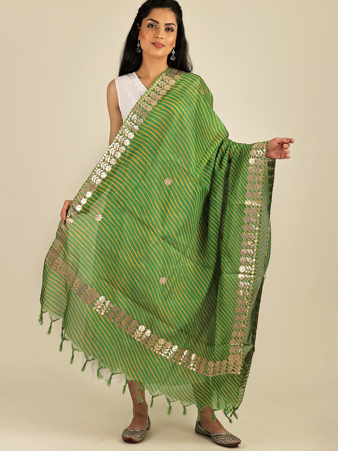 Exotic India Green Leheria Kota Doria Extra-Wide Jodhpuri Cotton Dupatta and Gota Border
Exotic India Green Leheria Kota Doria Extra-Wide Jodhpuri Cotton Dupatta and Gota Border