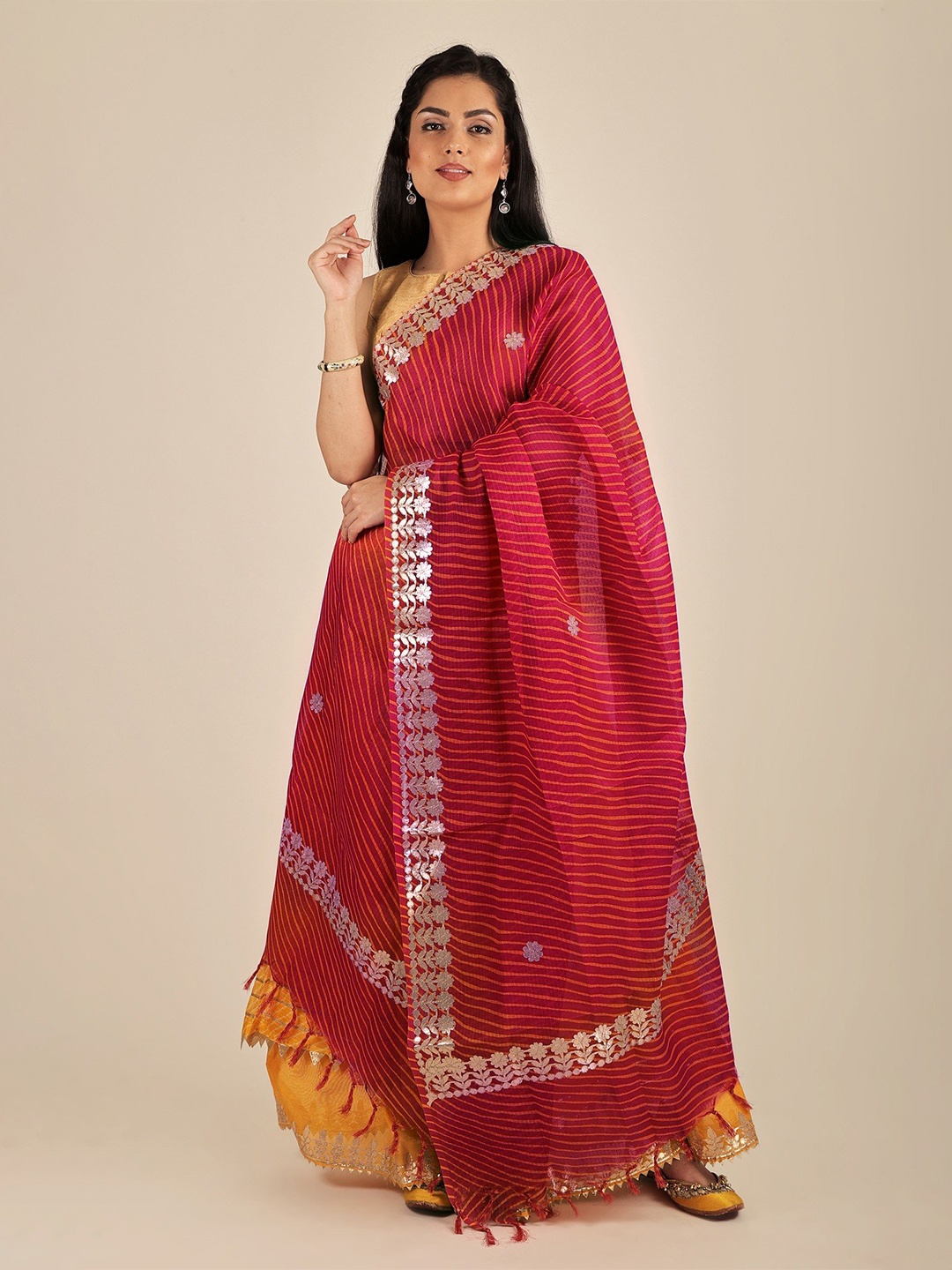 Exotic India Leheria Kota Doria Extra-Wide Jodhpuri Cotton Dupatta with Gota Border, Rose
Exotic India Leheria Kota Doria Extra-Wide Jodhpuri Cotton Dupatta with Gota Border, Rose