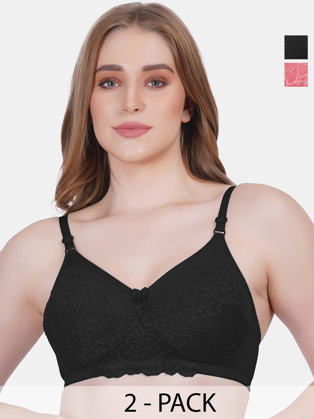 Reveira Pack Of 2 Floral Lace Medium Coverage Everyday Bra With All Day Comfort, Peach
Reveira Pack Of 2 Floral Lace Medium Coverage Everyday Bra With All Day Comfort, Peach