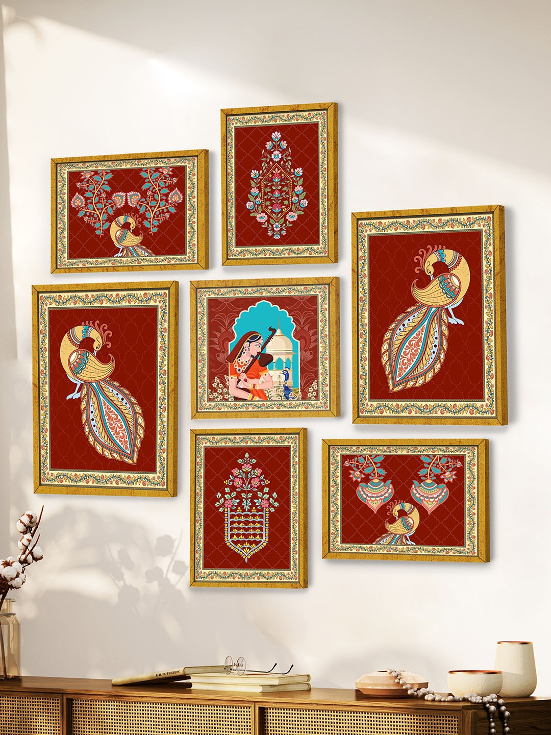 Art Street Maroon & Blue Set of 7 Meera Holding Sitar with Peacock Wooden Wall Paintings
Art Street Maroon & Blue Set of 7 Meera Holding Sitar with Peacock Wooden Wall Paintings