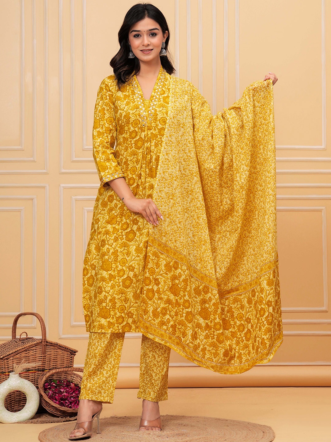KALINI Floral Printed V-Neck Pure Cotton Straight Kurta With Trousers & Dupatta, Yellow
KALINI Floral Printed V-Neck Pure Cotton Straight Kurta With Trousers & Dupatta, Yellow