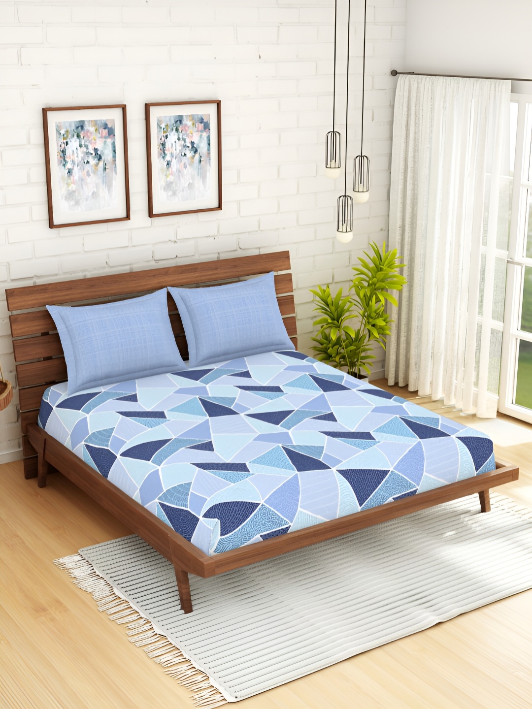 SPACES Blue & White Geometric Cotton 144 TC Queen Bedsheet with 2 Pillow Covers
SPACES Blue & White Geometric Cotton 144 TC Queen Bedsheet with 2 Pillow Covers