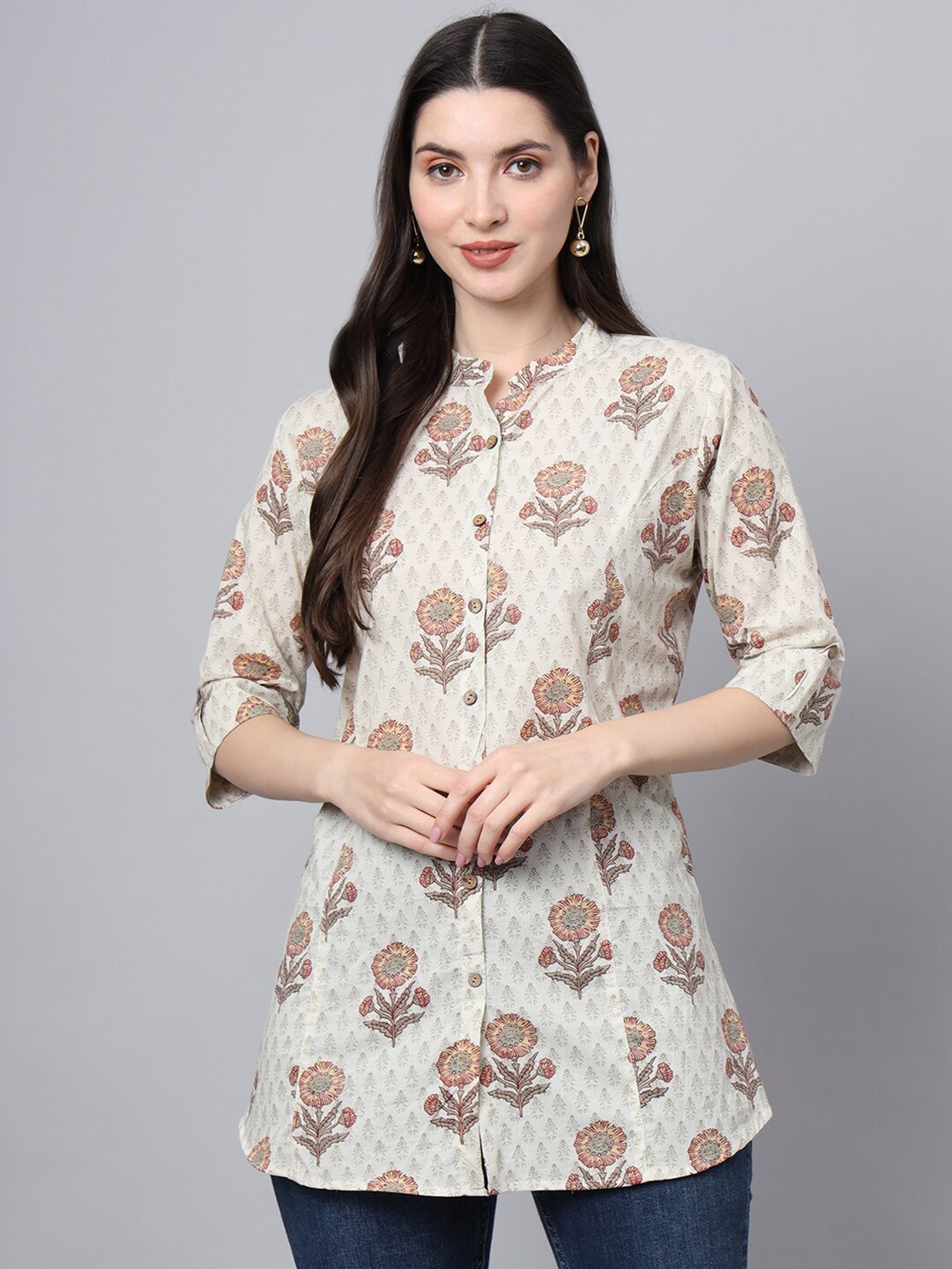 Divena Ethnic Motifs Printed Mandarin Collar Roll-Up Sleeves Cotton Shirt Style Top, Off white
Divena Ethnic Motifs Printed Mandarin Collar Roll-Up Sleeves Cotton Shirt Style Top, Off white