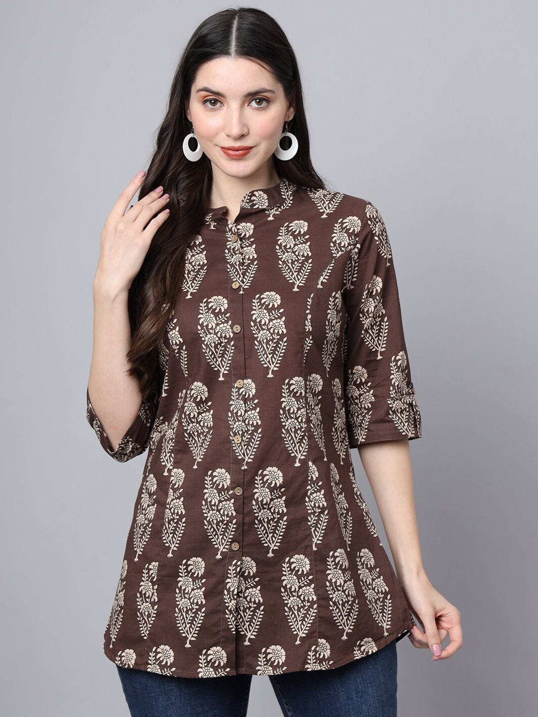 Divena Ethnic Motifs Printed Mandarin Collar Roll-Up Sleeves Cotton Shirt Style Top, Brown
Divena Ethnic Motifs Printed Mandarin Collar Roll-Up Sleeves Cotton Shirt Style Top, Brown