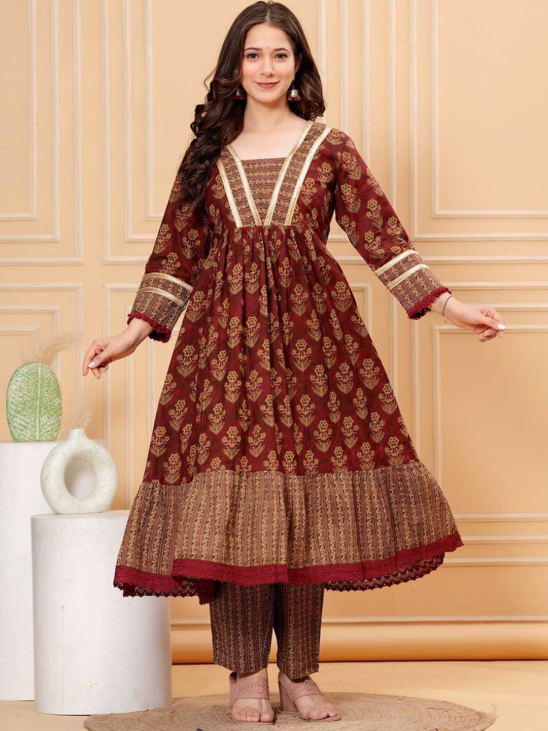 SK2 Fashion Round Neck Floral Printed Pleated Thread Work Pure Cotton Kurta Set, Maroon
SK2 Fashion Round Neck Floral Printed Pleated Thread Work Pure Cotton Kurta Set, Maroon