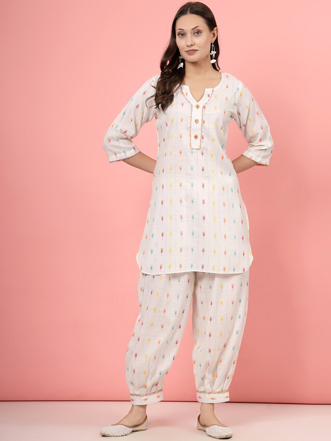 Clora Creation Women Ikat Printed Thread Work Pure Cotton Kurta with Afghani Salwar, White
Clora Creation Women Ikat Printed Thread Work Pure Cotton Kurta with Afghani Salwar, White
