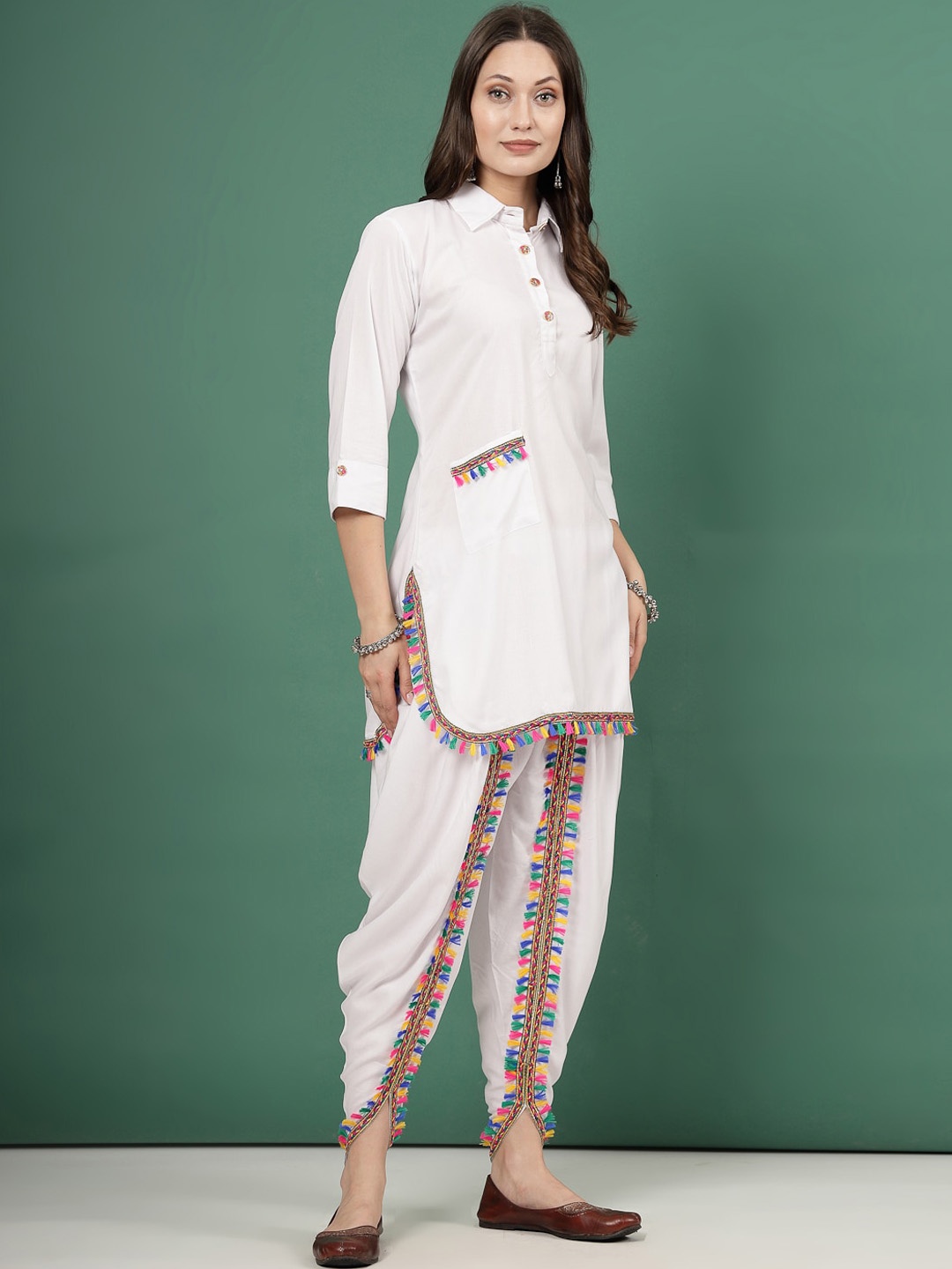 Clora Creation Regular Gotta Patti Shirt Collar Straight Kurti With Dhoti Pants, White
Clora Creation Regular Gotta Patti Shirt Collar Straight Kurti With Dhoti Pants, White