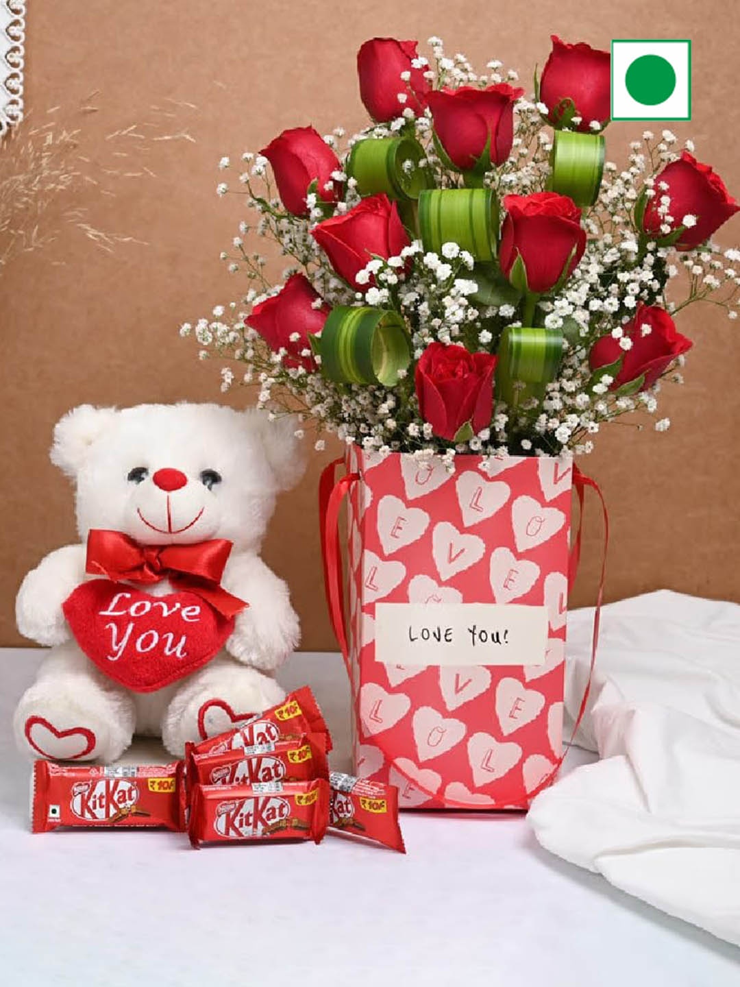 

Floweraura Set of 3 Rose Flowers Box With Chocolates & Cute Teddy Bear, Multi