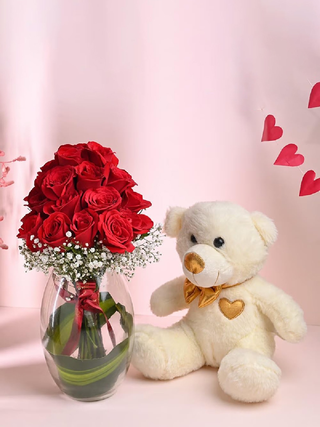 Floweraura 20-Pcs Red Fresh Live Roses In Glass Vase With Cute Teddy