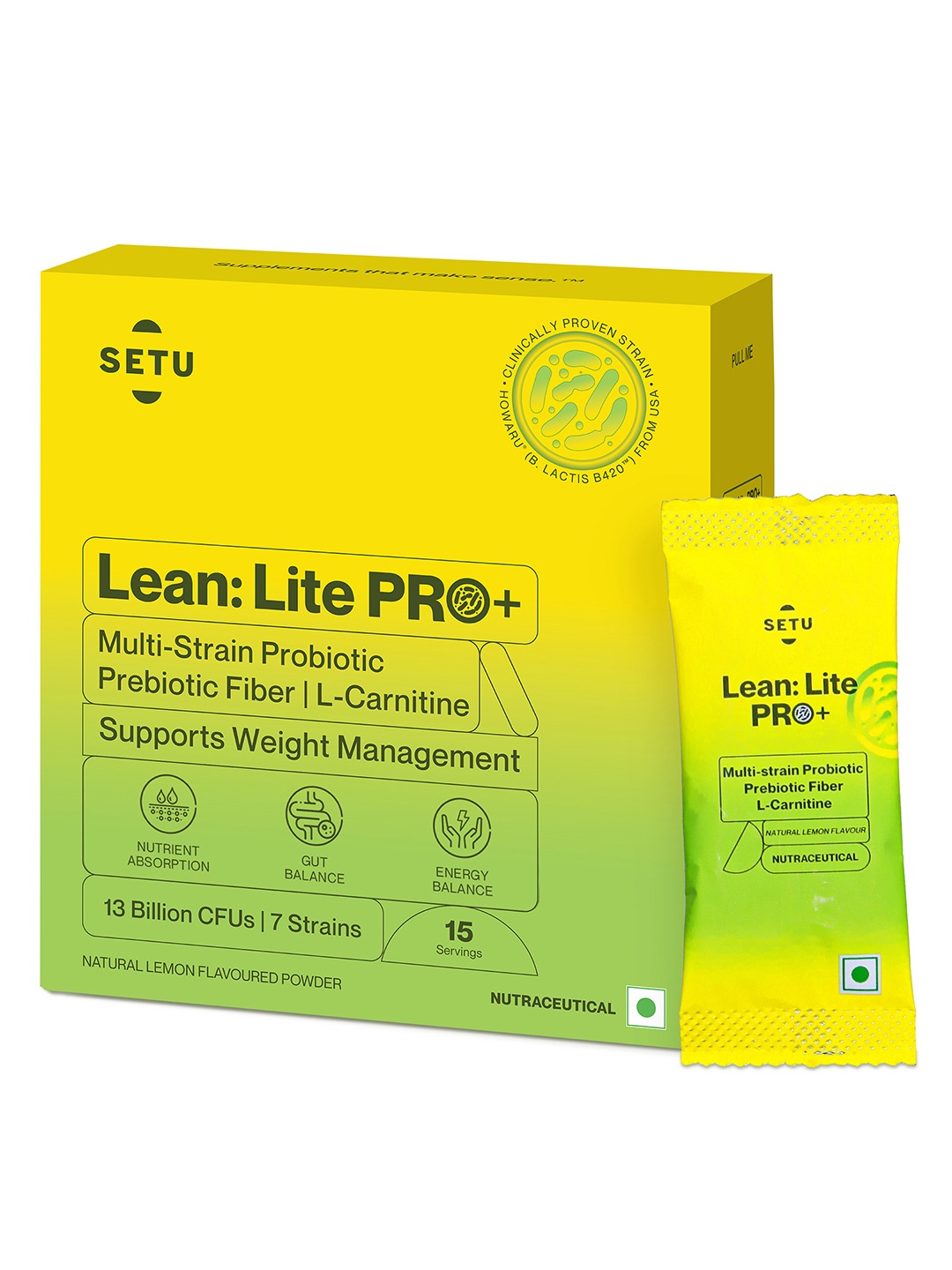 SETU Lean Lite Pro+ Gut Health Powder with Probiotics + L-Carnitine - 15 Sachets, Yellow
SETU Lean Lite Pro+ Gut Health Powder with Probiotics + L-Carnitine - 15 Sachets, Yellow